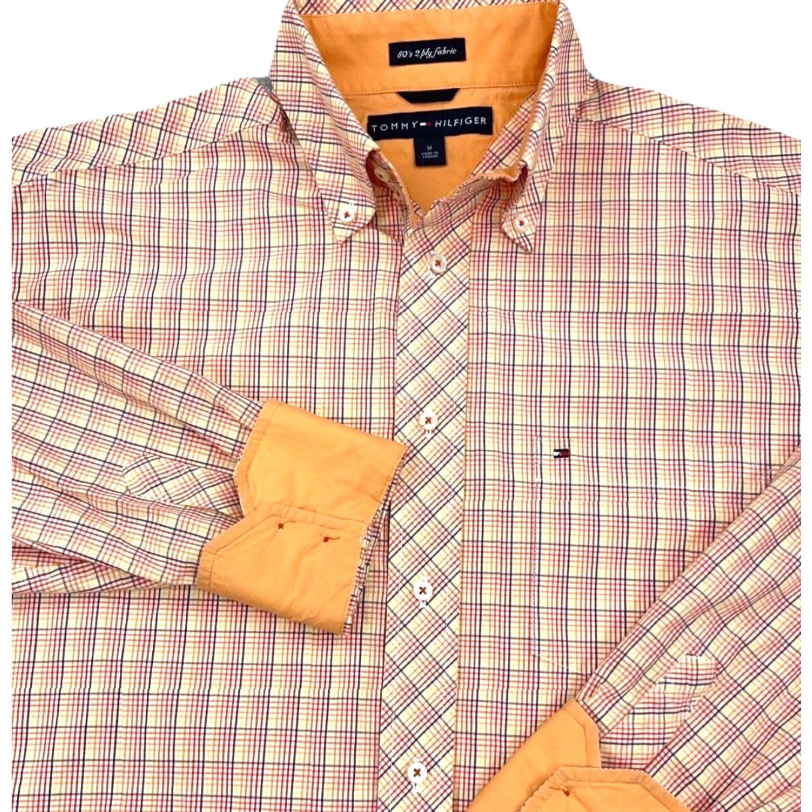 Tommy Hilfiger Tommy Hilfiger Shirt Men Medium Orange Plaid Button Up Casual Formal Workwear Knit-Down Size 40R - 2 Thumbnail