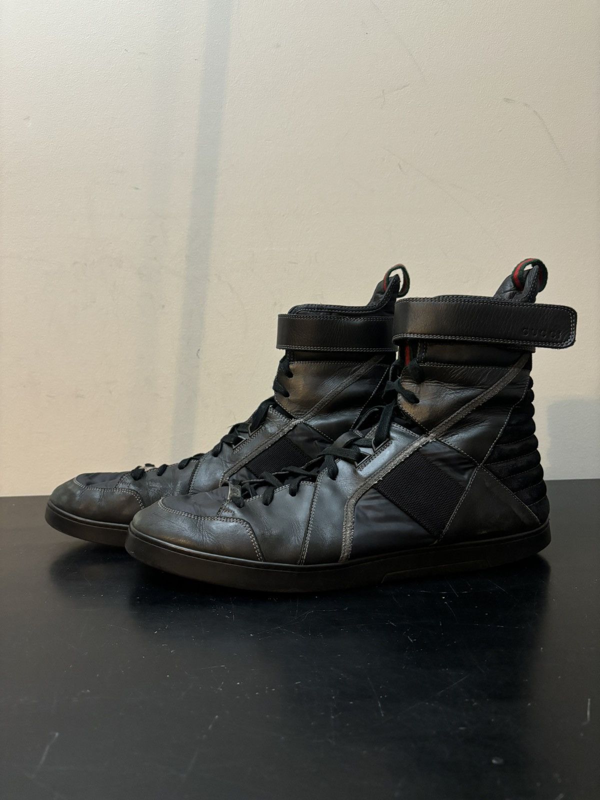 Gucci Gucci Mirosoft Leather High Top Strap Sneakers Black Size US 12 / EU 45 - 1 Thumbnail