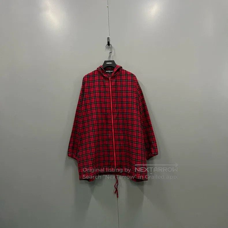 Balenciaga size 37 Black and Red Plaid Hooded Zip Jacket