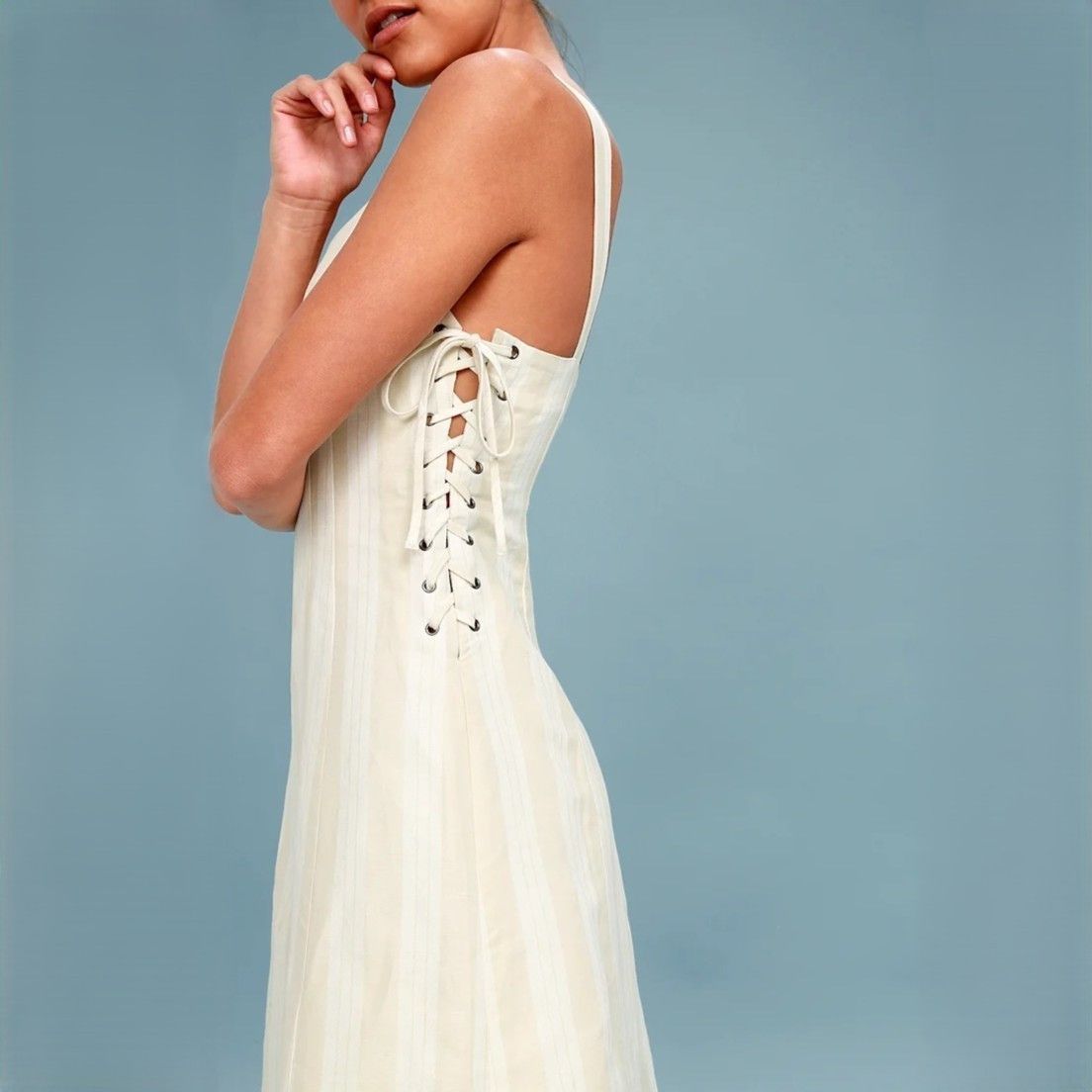 ASTR The Label Elena Beige Striped Lace-up Midi Dress size L $148 NWOT Size L / US 10 / IT 46 - 4 Thumbnail