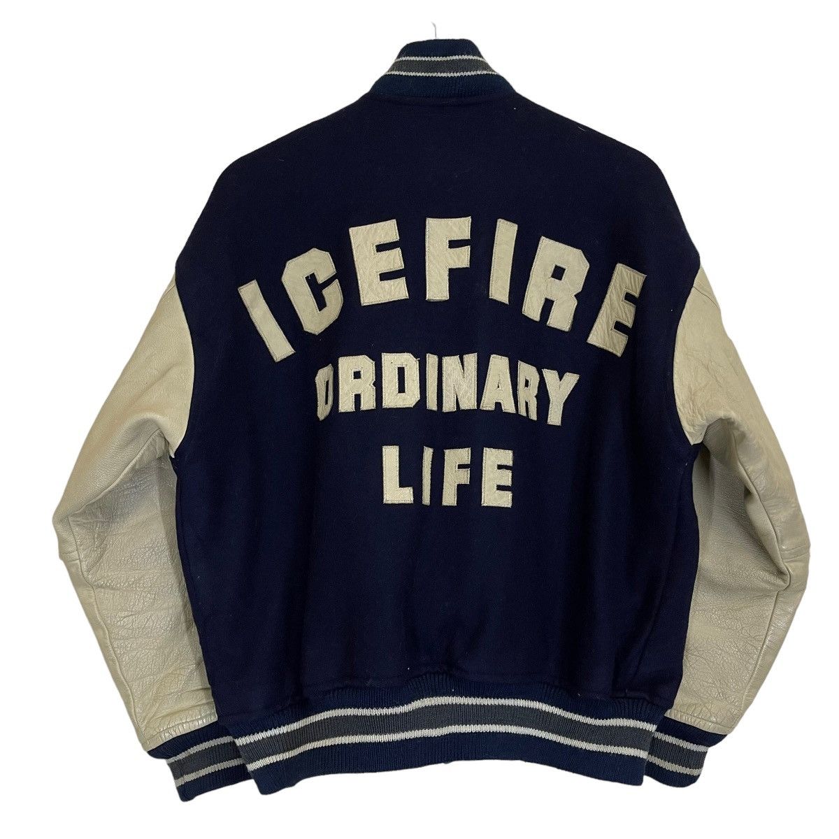 Vintage Ice Fire Ordinary Life Wool / Sleeve Leather Varsity Jacket Size US M / EU 48-50 / 2 - 1 Thumbnail