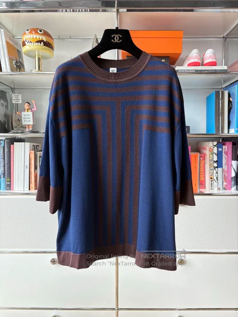 Hermes Hermes Blue Brown Geometric Pattern Round Neck Short Sleev Size XS / US 0-2 / IT 36-38 - 1 Thumbnail