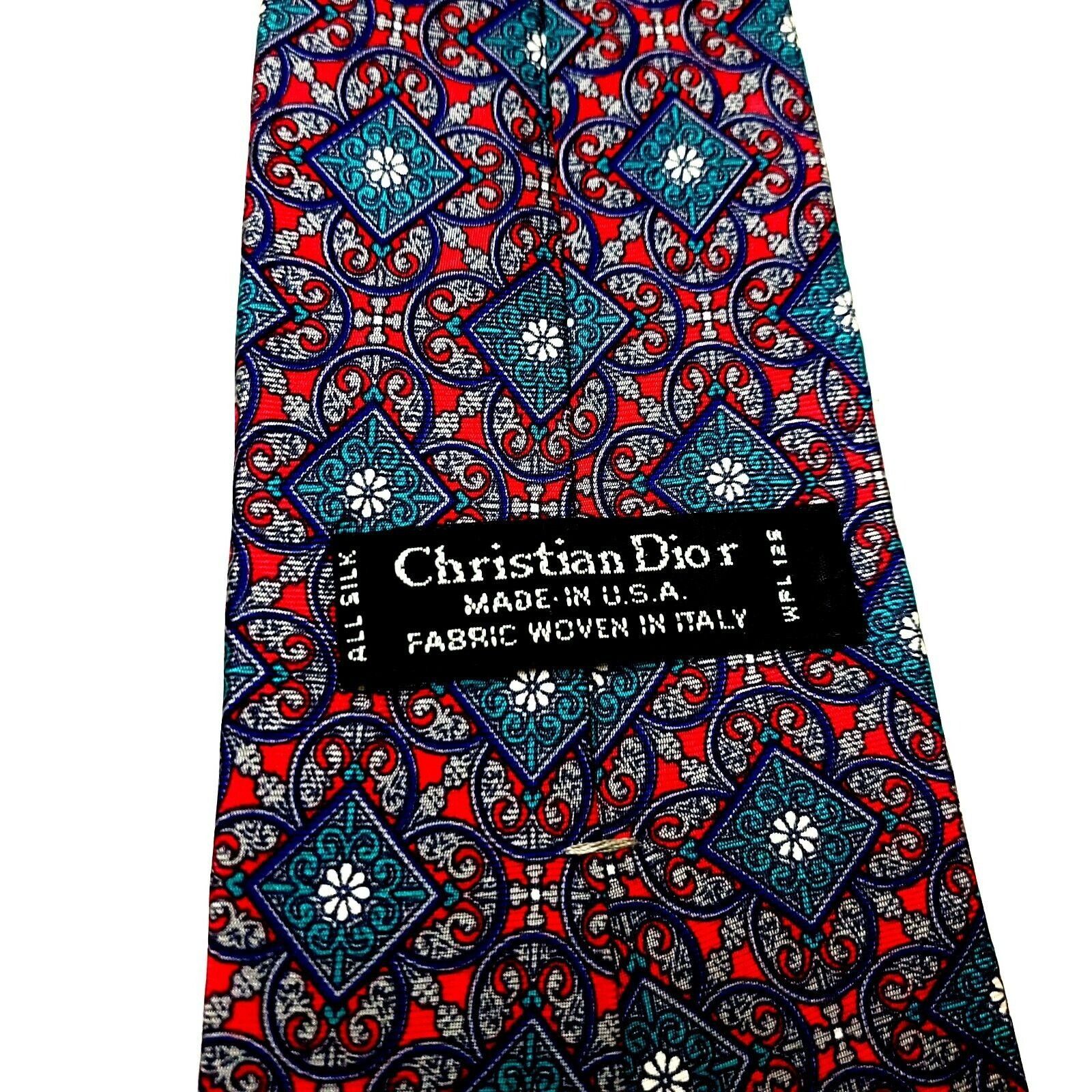 Christian Dior Monsieur Christian Dior Silk Tie Print Red Teal Geometric Short Size ONE SIZE - 3 Thumbnail