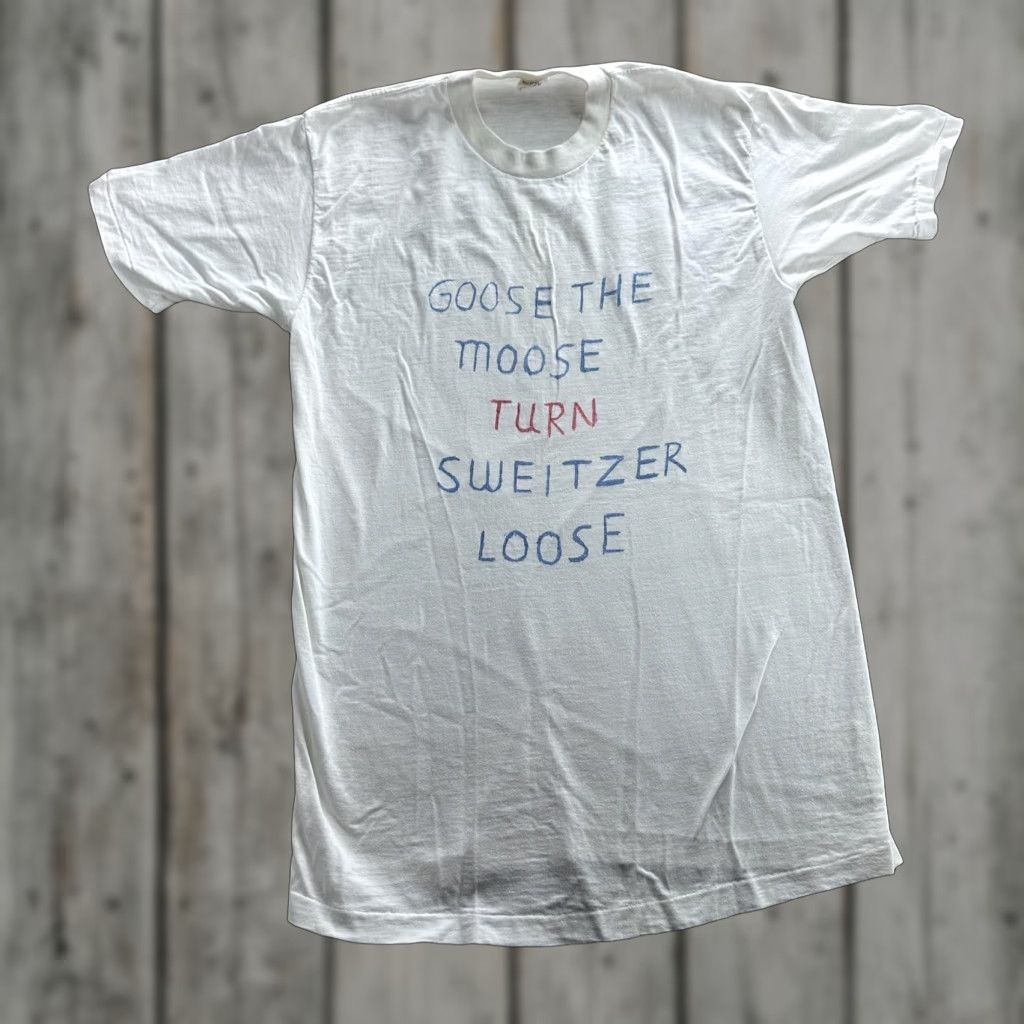 VINTAGE JCPenney Goose the Moose Graphic T-Shirt Mens Large White 80s Quotes Single Stitch