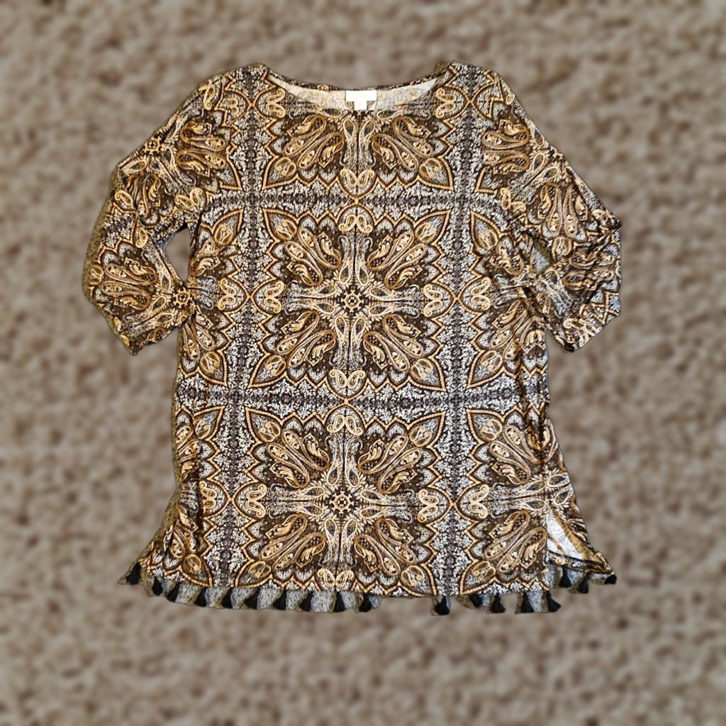 J. Jill J. Jill Top Women Medium Beige Paisley Tassels 3/4 Sleeve Career Casual Blouse Size M / US 6-8 / IT 42-44 - 1 Thumbnail