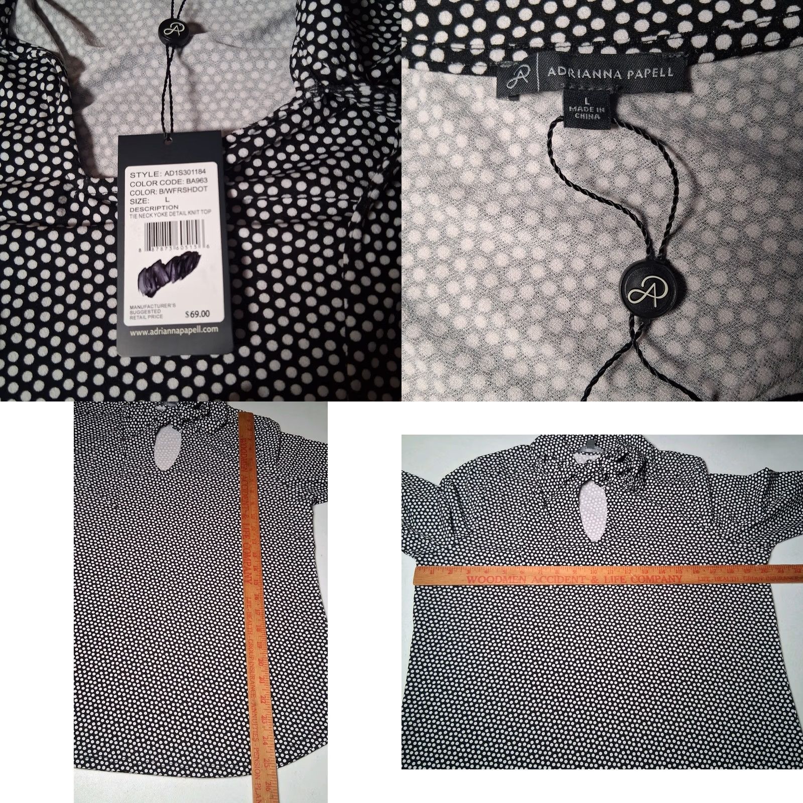 Adrianna Papell Adrianna Papell Blouse L Black Polka Dot Tie Neck Stretch Long Sleeve Woman Regular Size XS? (Note: This line contains non-original info.) Size L / US 10 / IT 46 - 8 Thumbnail