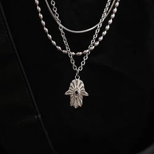 Jewelry Fatima Hand Necklace – Layered Silver Chain, Unisex Size ONE SIZE - 2 Thumbnail