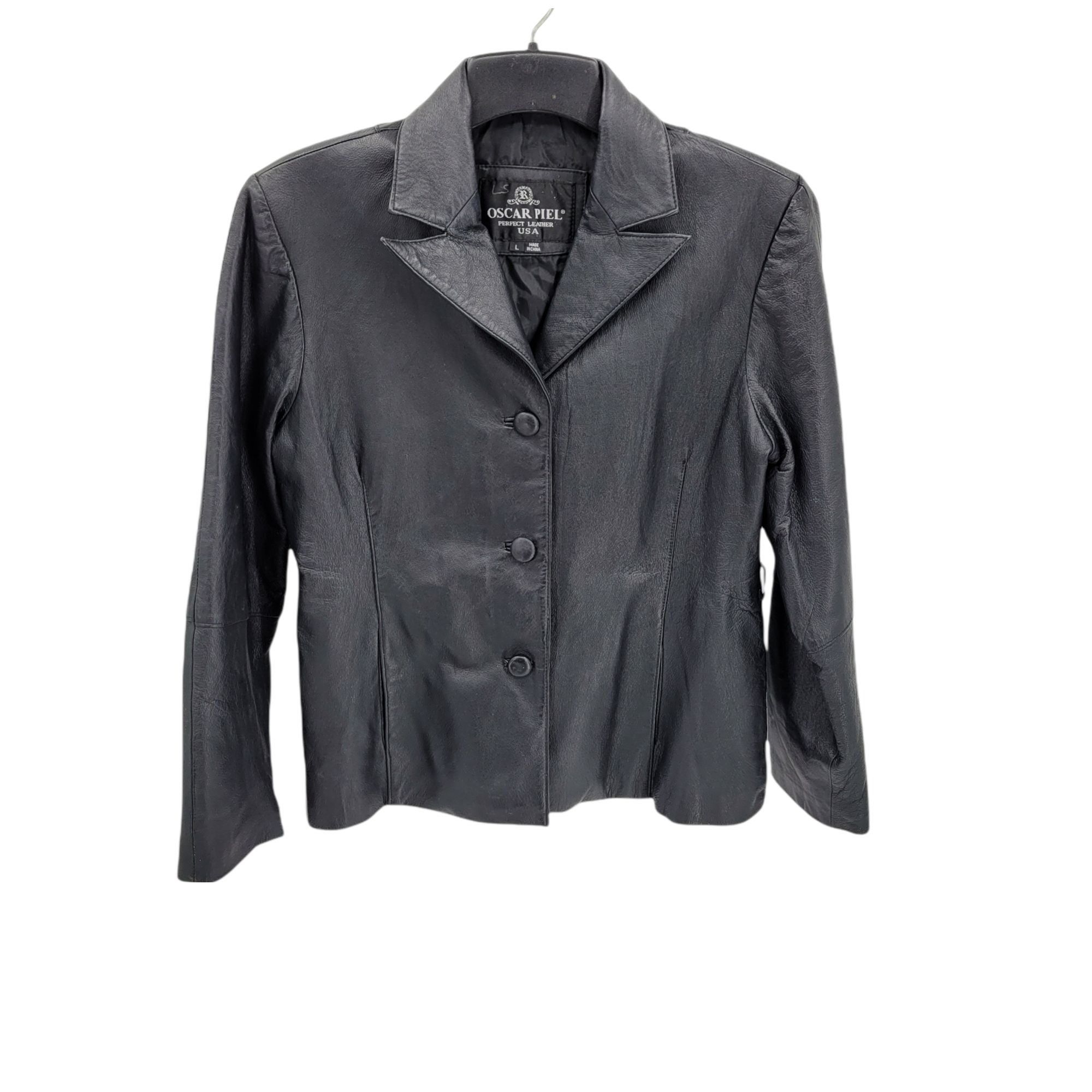 Vtg 80s Oscar Piel Black Leather Blazer Jacket Sz L Pebble B