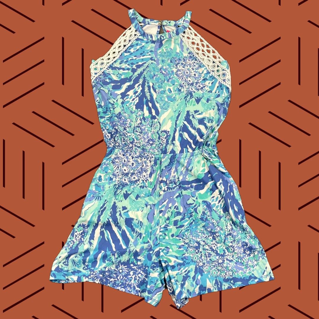 Lilly Pulitzer Lilly Pulitzer Romper Womens XS Crew Neck Multicolor Floral Lace Elastic Waist Beach Tropical Sea To Shining Sea Coral Size 26" / US 2 / IT 38 - 1 Thumbnail