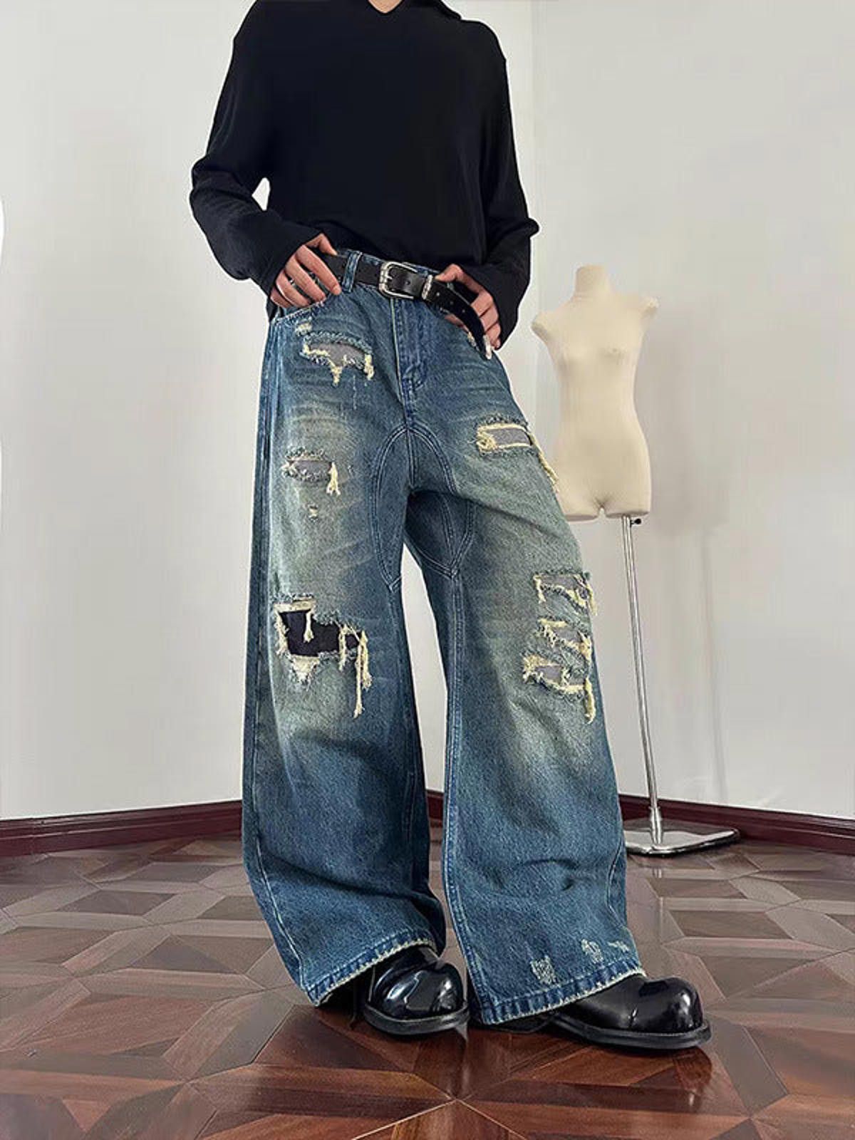 Blue Distressed Wide Leg Jeans Baggy Denim Pants