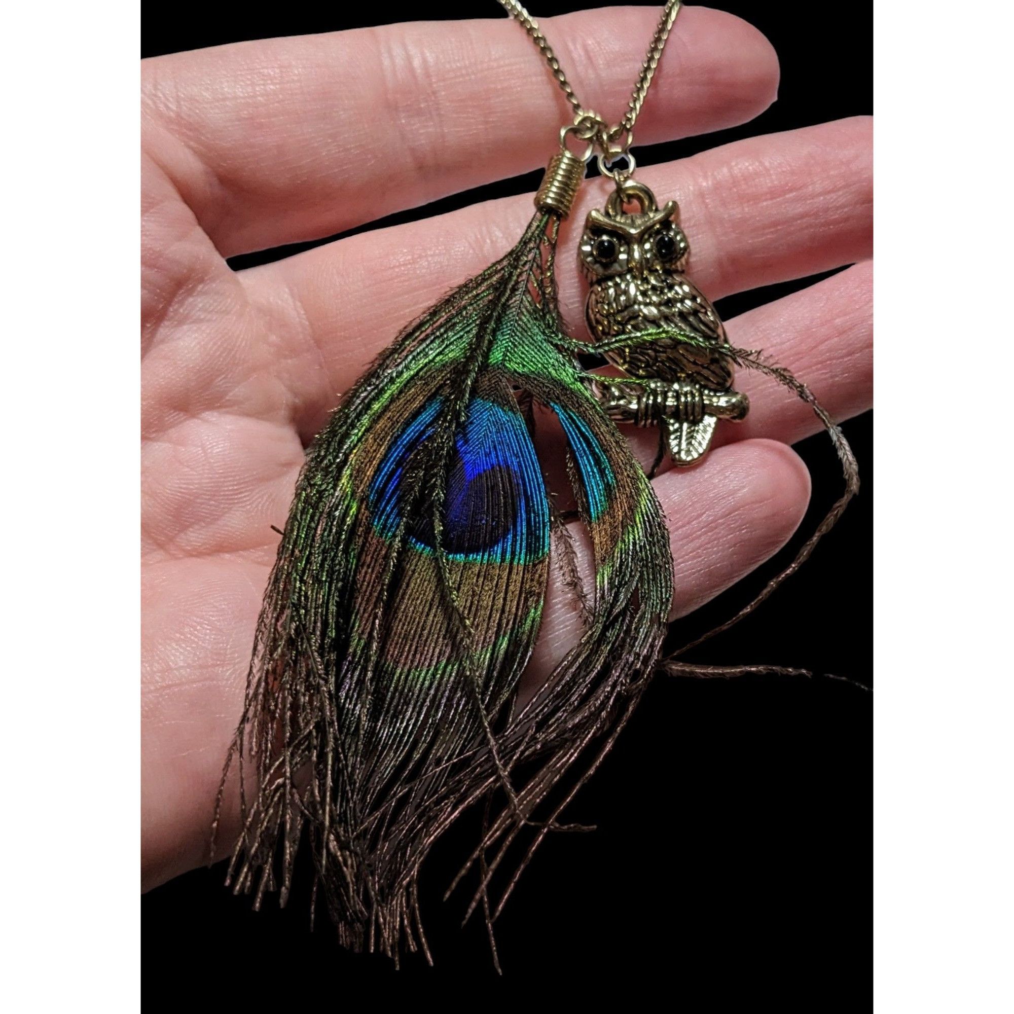 Other Peacock Feather Owl Charm Necklace Size ONE SIZE - 4 Thumbnail