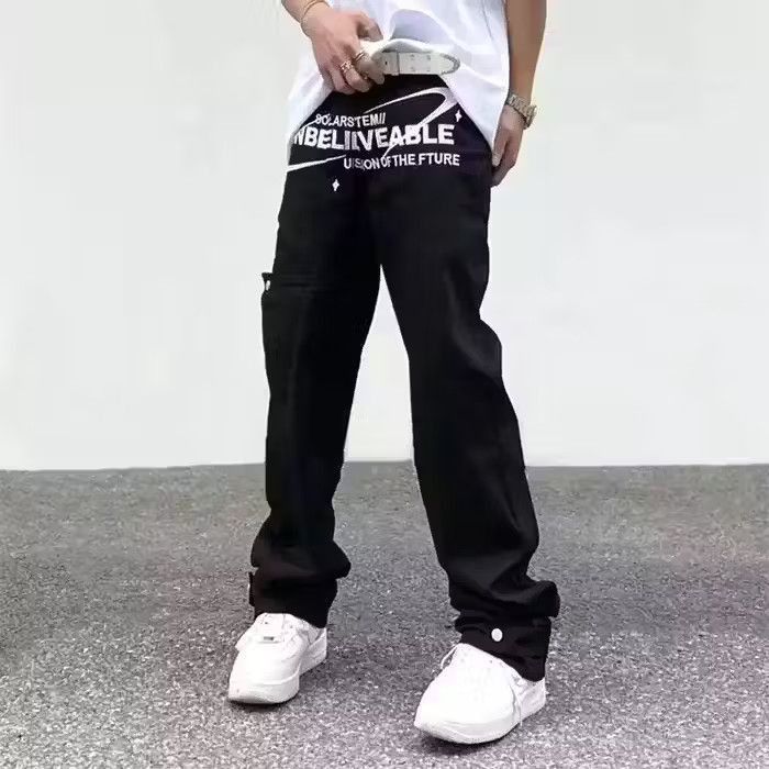 image of Vintage Front Print Streetwear Denim Jeans in Black, Men's (Size 32)