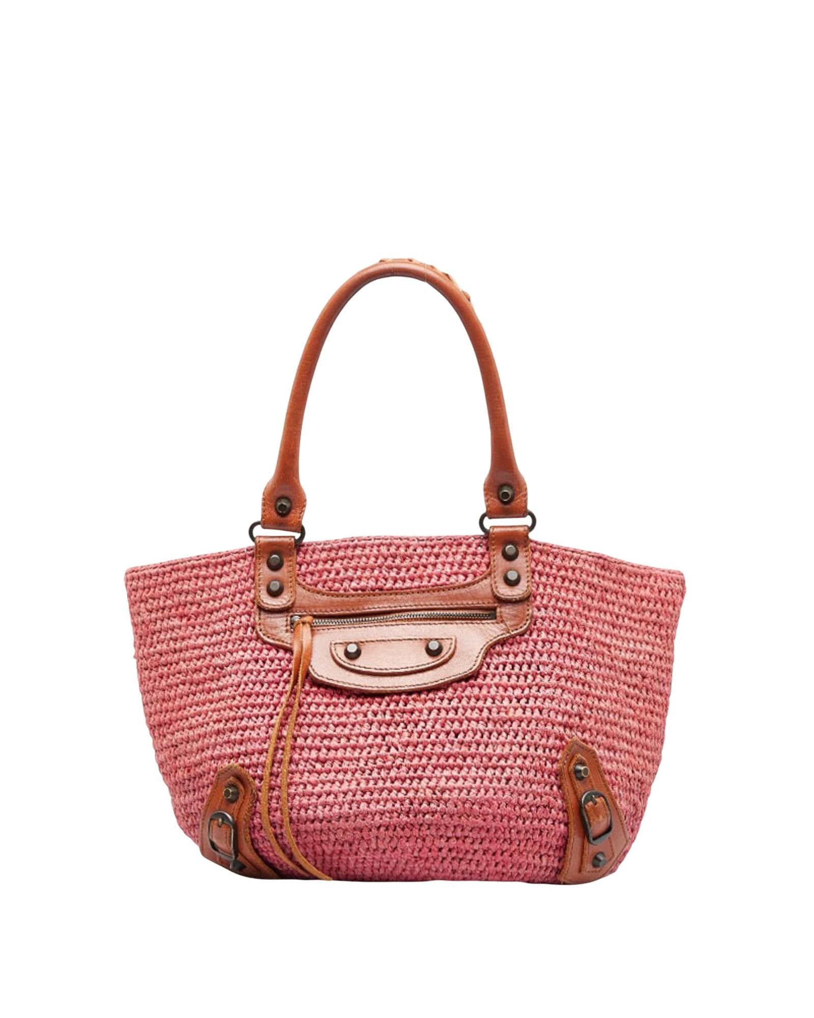 image of Balenciaga Raffia Collection: Basket Clutch And Handbag Trio in Pink, Women's