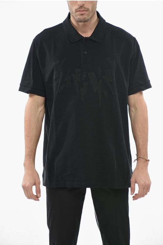 image of Neil Barrett Cotton Piquè Slim Fit Jumbled Bolt Polo Shirt in Black, Men's (Size 2XL)