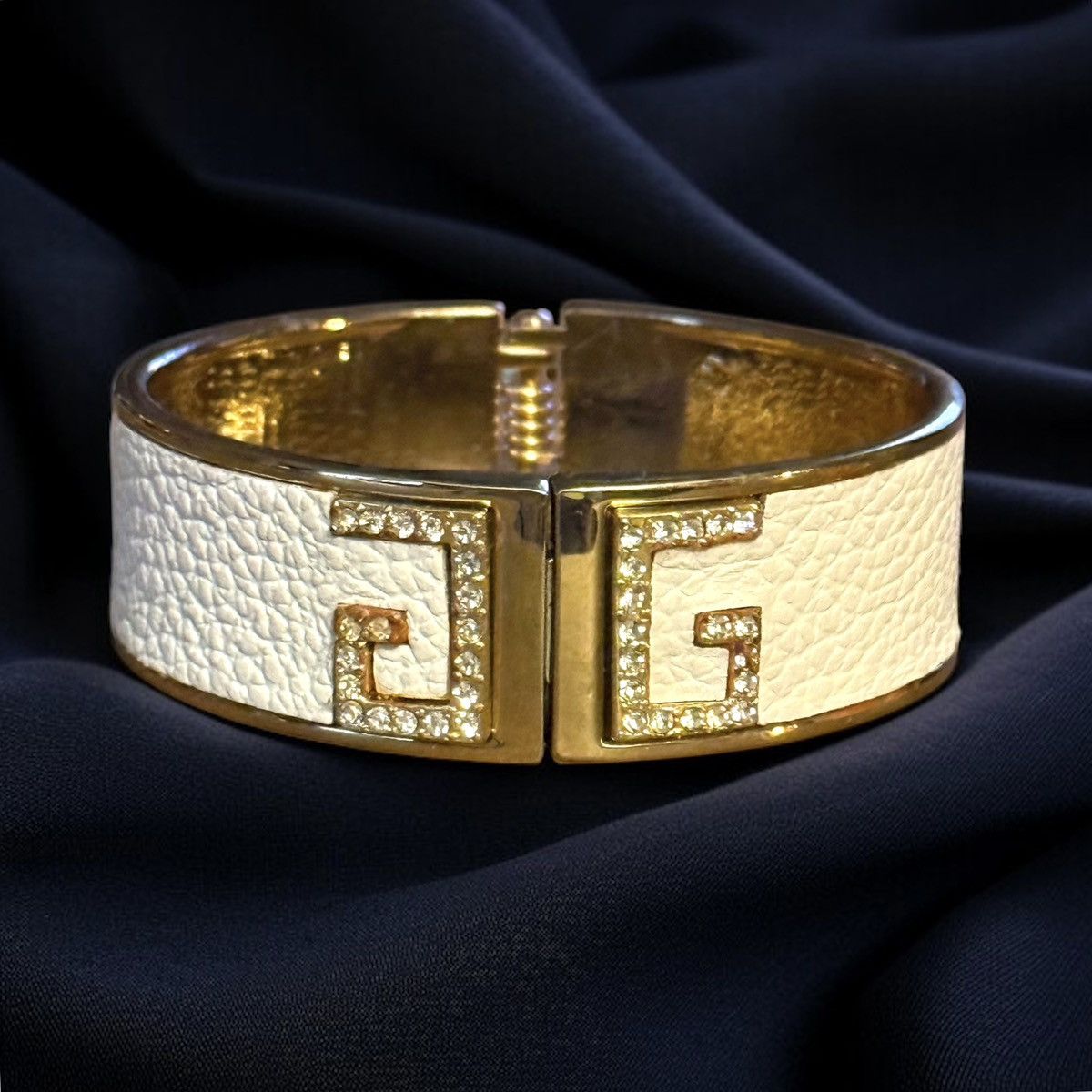 Other Gold white leather inlay rhinestone accent bangle bracelet Size ONE SIZE - 1 Thumbnail