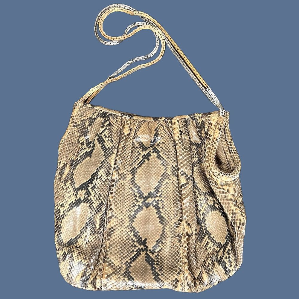 Judith Leiber VINTAGE Judith Leiber Snake Skin Shoulder Bag Gold Silver Chain Strap Women's Medium Tan Brown Gold Snake 70s 80s Evening Day Size ONE SIZE - 1 Thumbnail