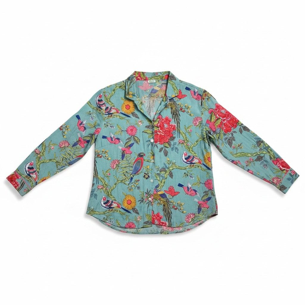 Other Vintage Handprint Turquoise Bird & Floral Women's Blouse Size S / US 4 / IT 40 - 7 Thumbnail