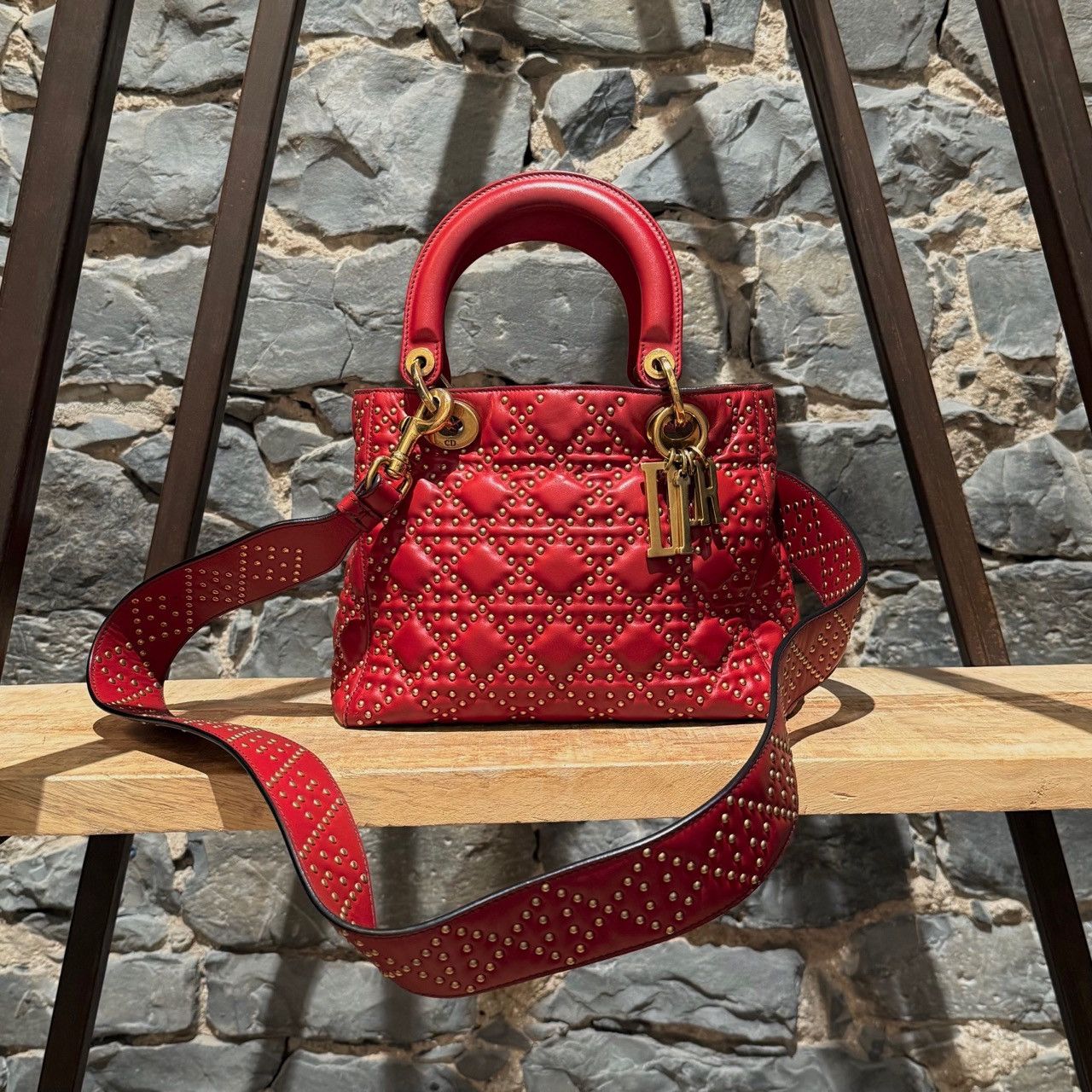 Dior Christian Dior Red Leather Gold Studded Medium Lady Dior Bag Size ONE SIZE - 1 Thumbnail