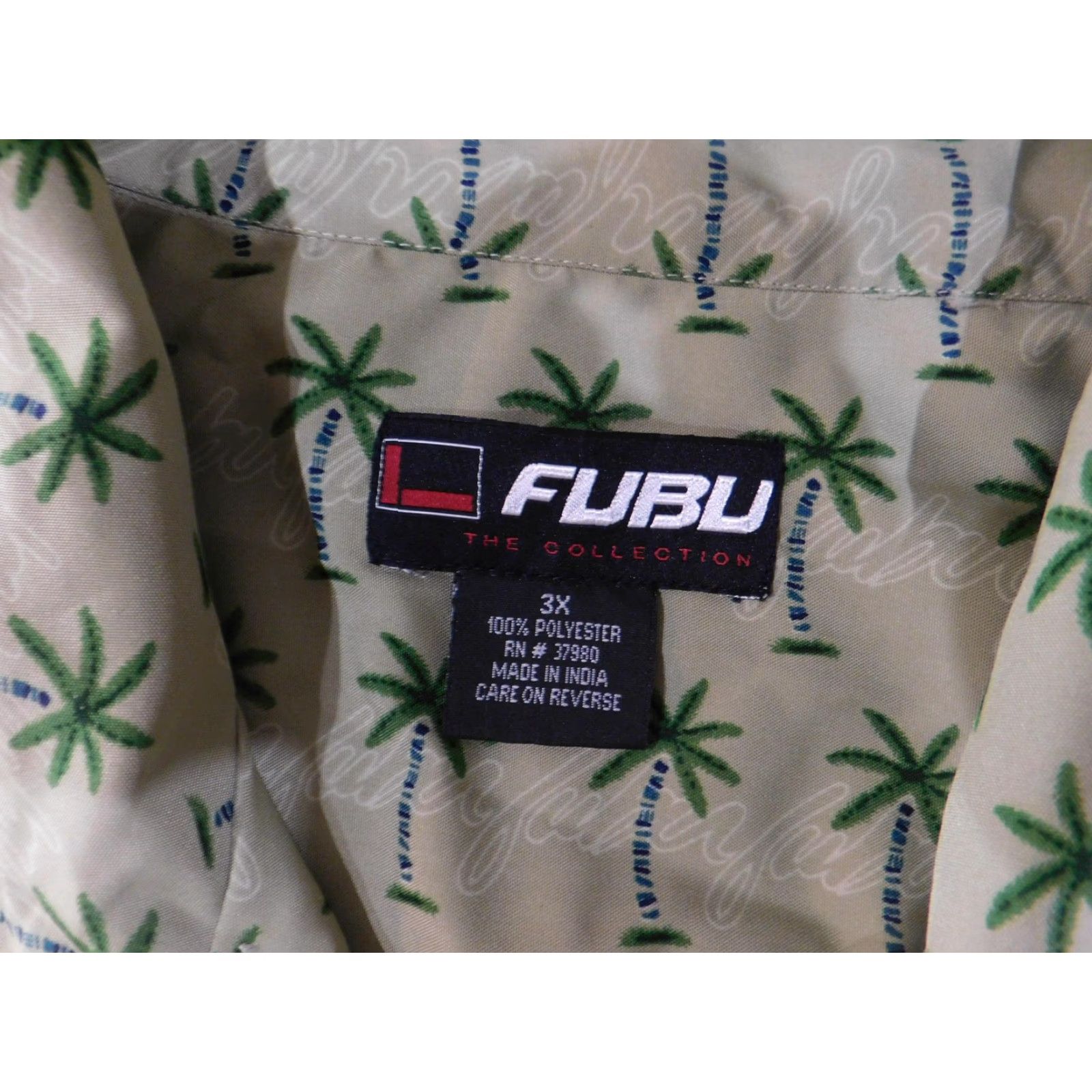 Fubu FUBU Shirt Mens 3XL Beige Green Palm Tree Hawaiian Aloha Button Up Short Sleeve Shirt Size US XXL / EU 58 / 5 - 7 Thumbnail
