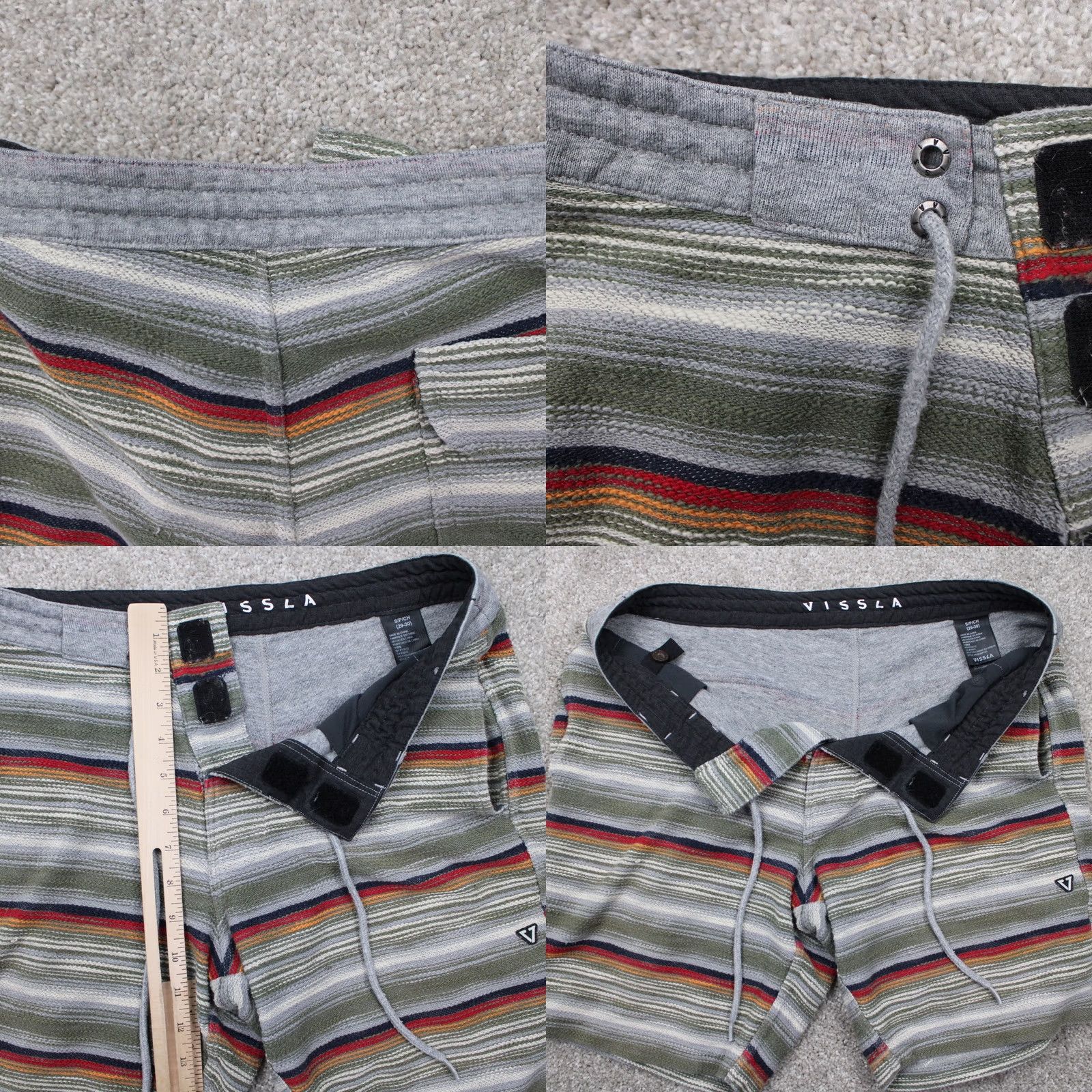 Vissla Vissla Mens Small Shorts 8" Inseam Gray/Green/Red/Yellow Cotton/Poly Casual Pockets Navy Slashed Pocket Striped Beach Outdoor Vintage: No Size US 29 - 8 Thumbnail