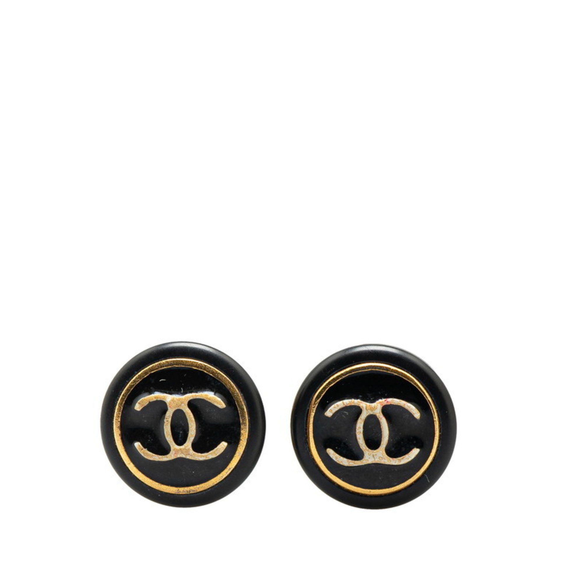 Vintage Chanel Coco Mark Round Earrings in Black and Gold Plastic with Plated Design Women's