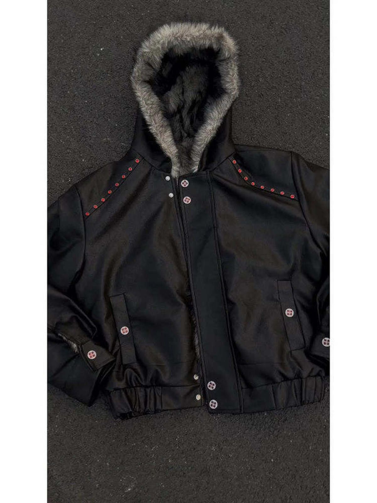 Vintage Black Faux Leather Hooded Jacket with Fur Trim Size US M / EU 48-50 / 2 - 1 Thumbnail