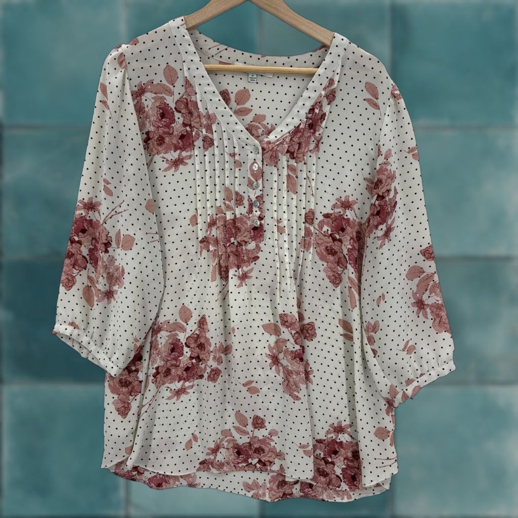 Vintage Rose + Olive Blouse Womens 1X Plus White Floral Dot V Neck 3/4 Sleeve Tunic Top Size XL / US 12-14 / IT 48-50 - 1 Thumbnail