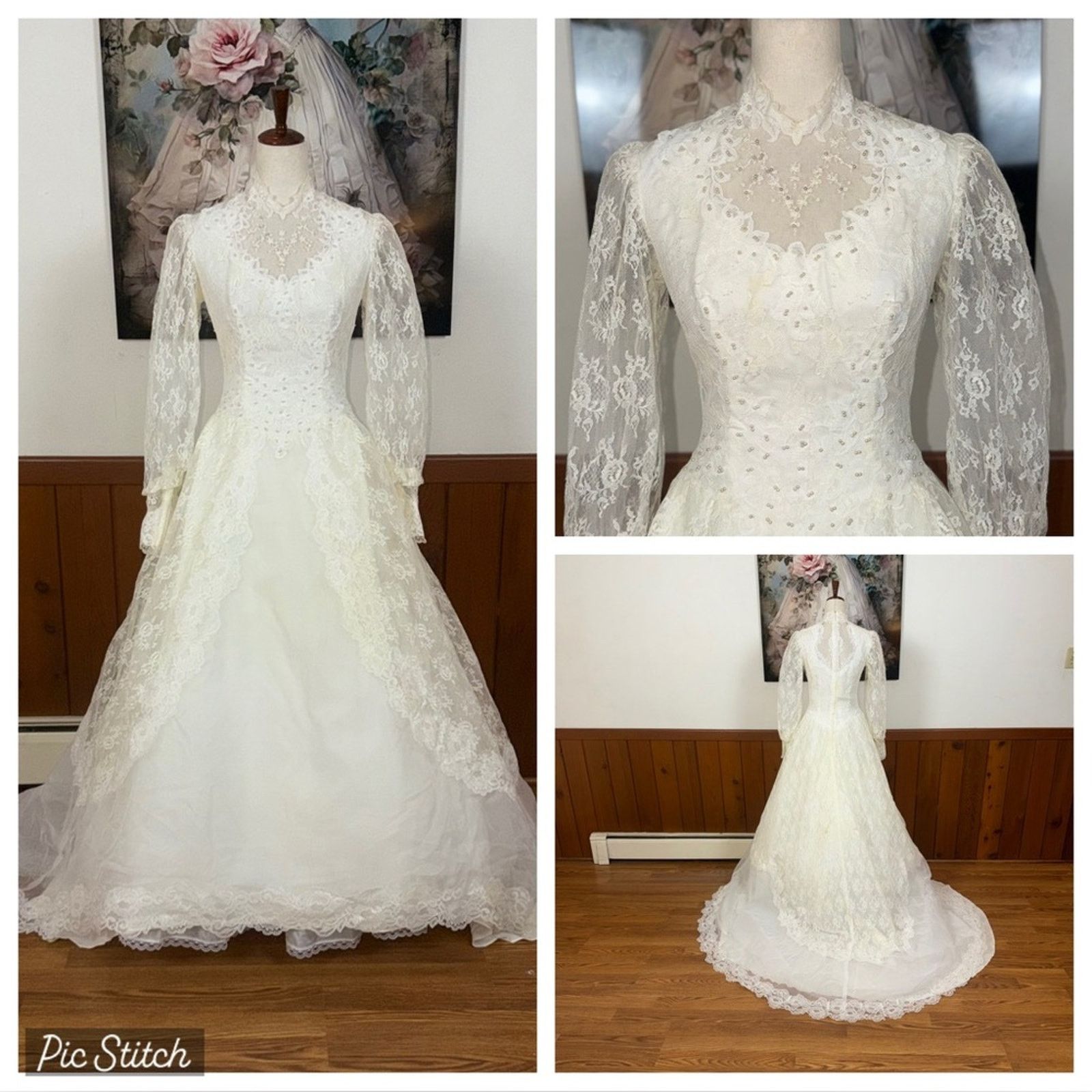 Vintage Fabulous Vintage 1970s High Neck Lace Wedding Gown Size L / US 10 / IT 46 - 1 Thumbnail