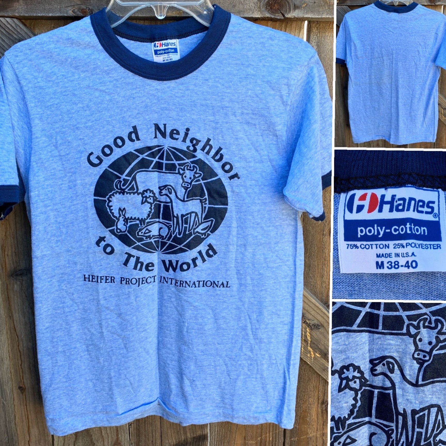 Hanes VINTAGE Heifer Project International Ringer T Shirt M Men Blue 1980s Hanes Poly/Cotton Graphic Tee Size US M / EU 48-50 / 2 - 5 Thumbnail