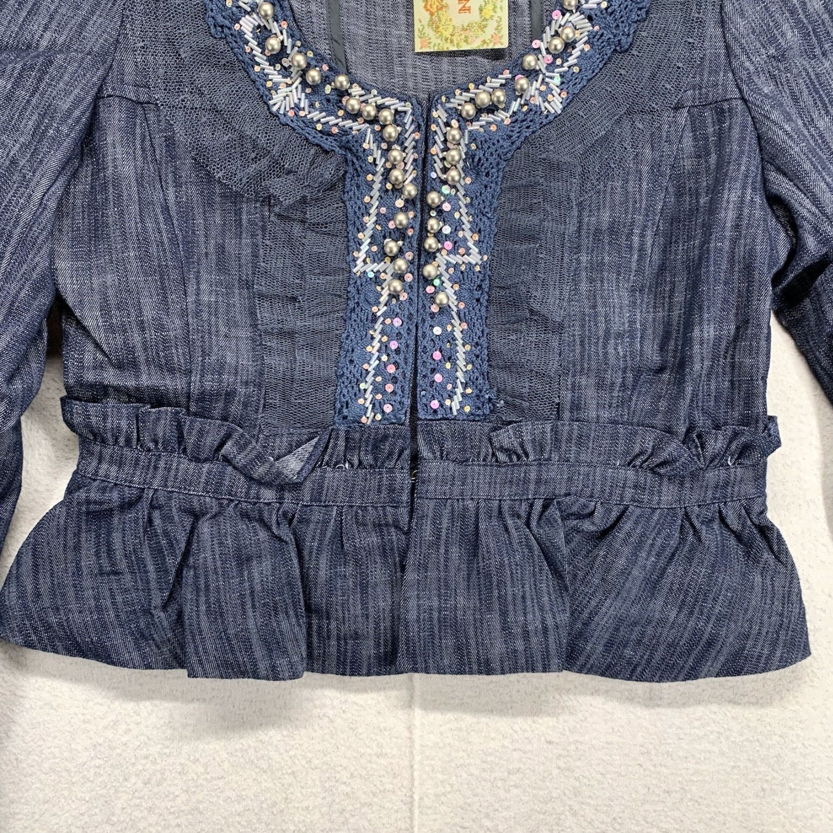 Denime Women's Denim Top Small Crop Super Detailed Beaded Neckline Dark Indigo Stretch Size S / US 4 / IT 40 - 7 Thumbnail