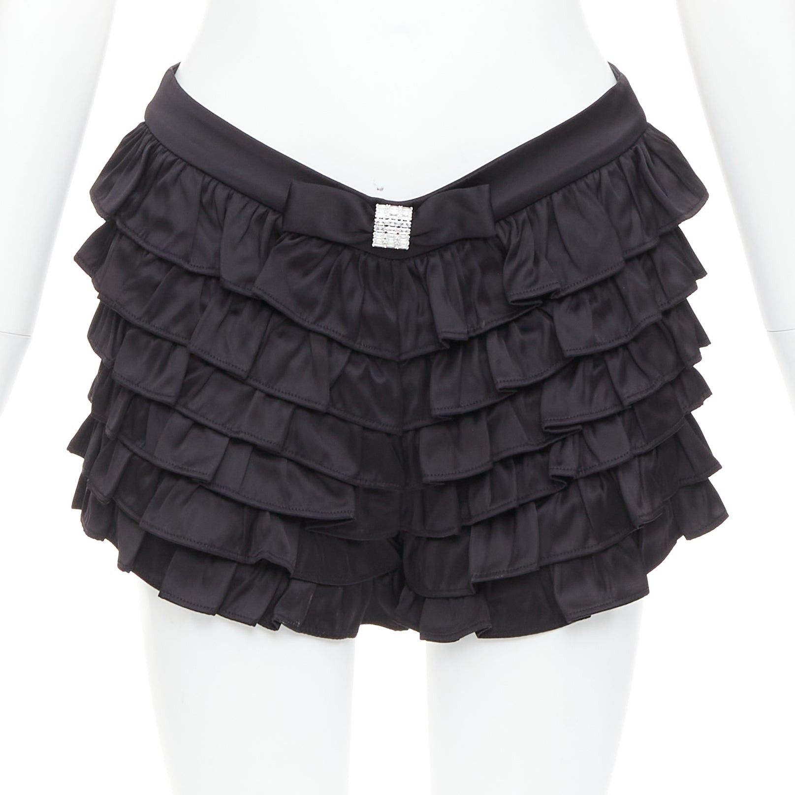 Shushu/Tong SHUSHU TONG black viscose ruffle tiered crystal bow mini shorts UK6 XS Size 26" / US 2 / IT 38 - 1 Thumbnail