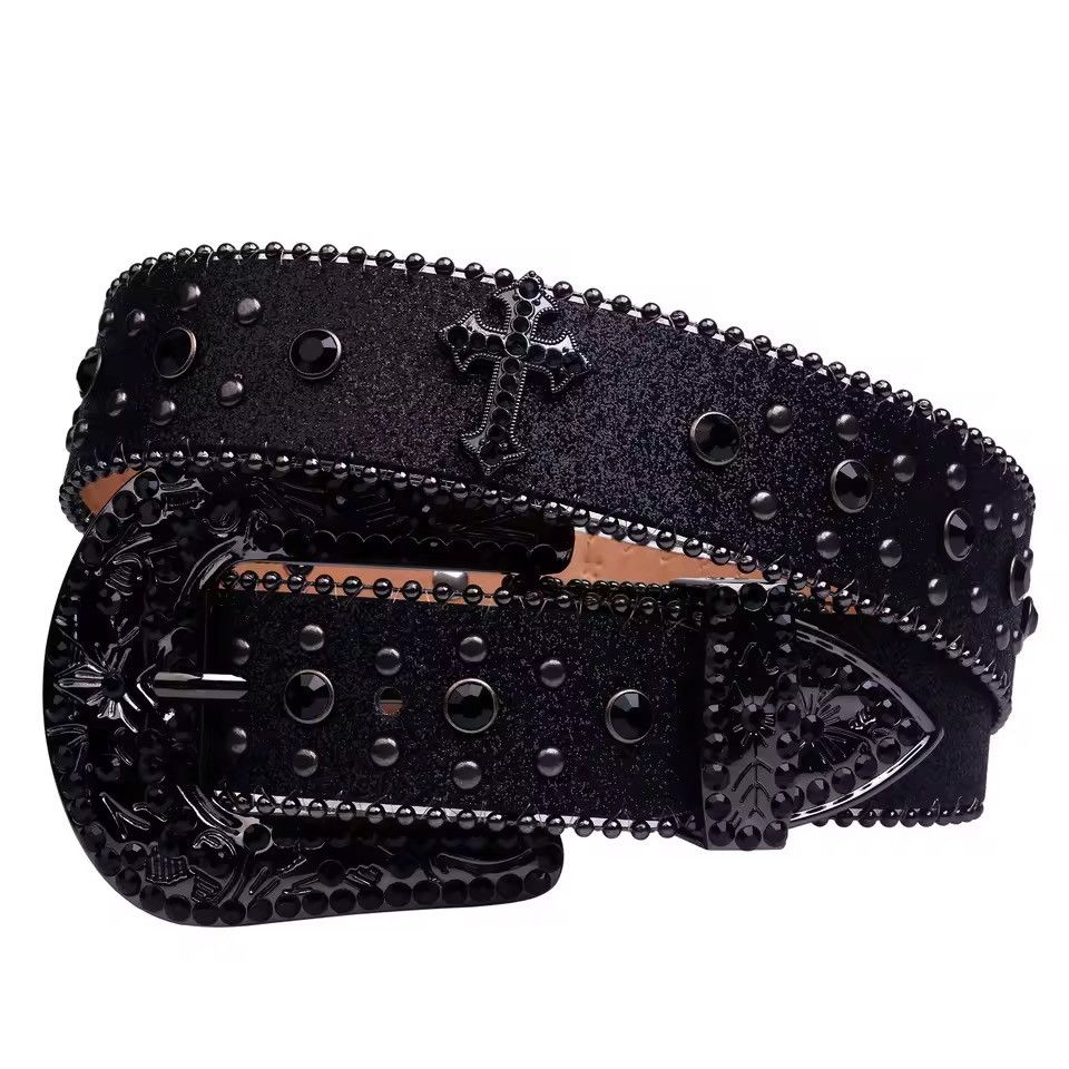Japanese Brand Black Cross Rivet 115 cm Belt Engraved Buckle Rhinestone Size ONE SIZE - 9 Thumbnail