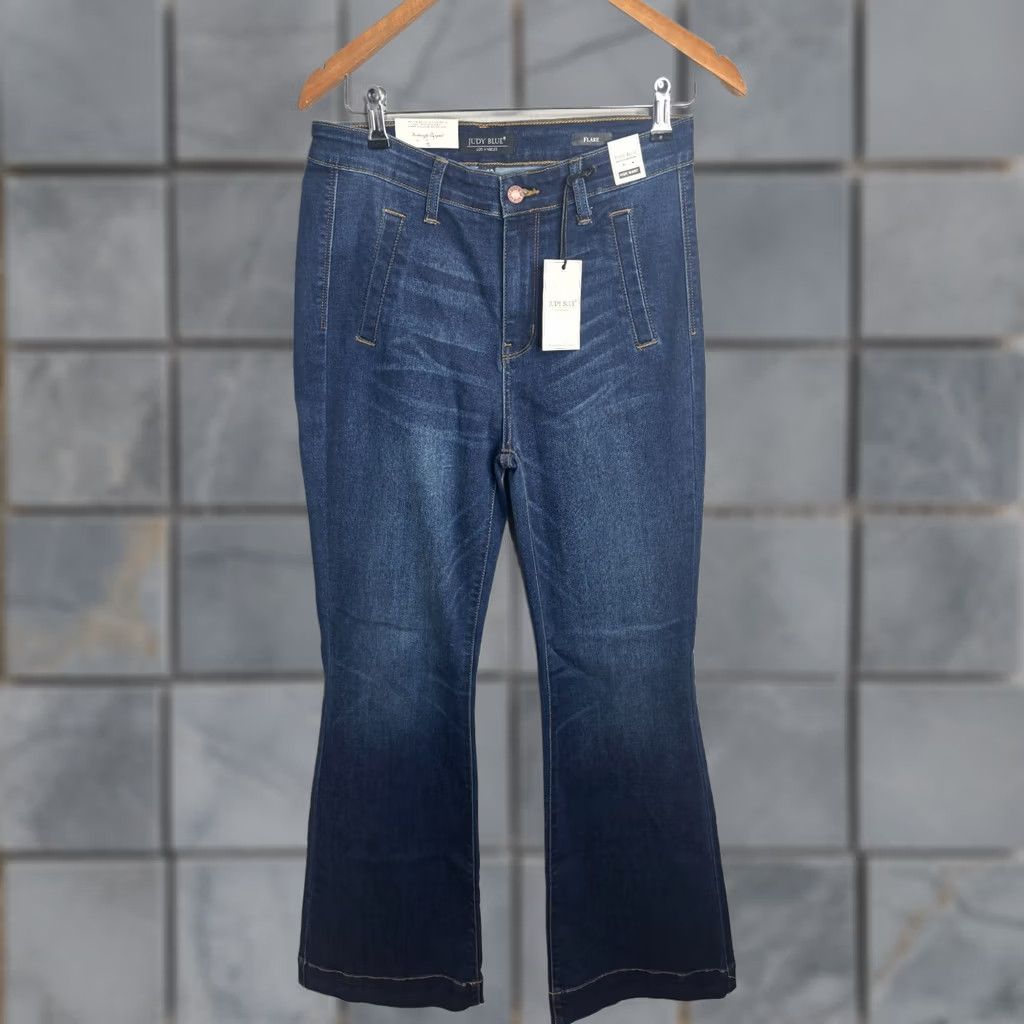 Vintage Judy Blue Jeans Womens 9 Tall High Waist Flare Dark Blue 5-Pocket Denim Hippie Retro 4456 Size 30" / US 8 / IT 44 - 1 Thumbnail