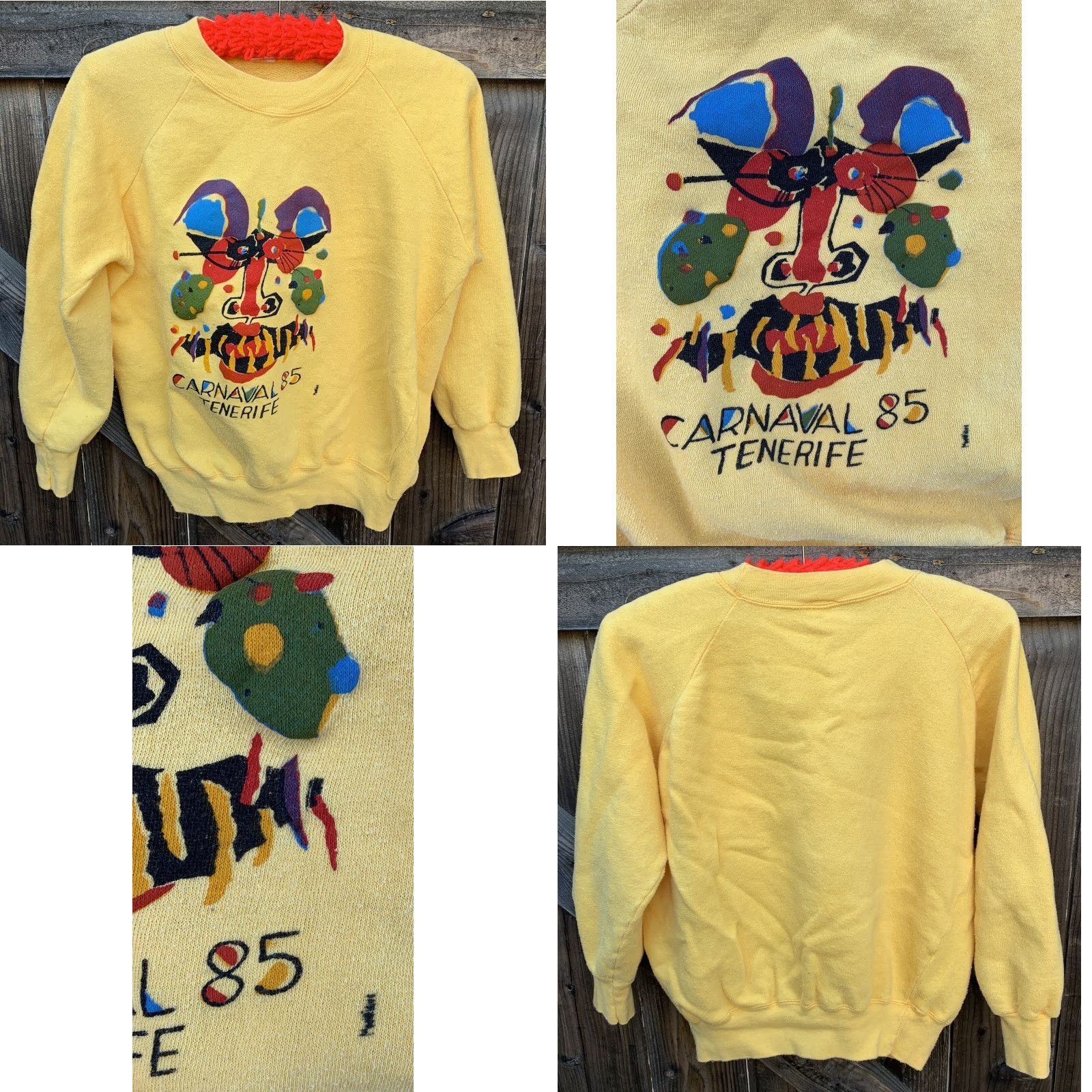 Vintage VINTAGE Carnaval 85 Tenerife Cesar Manrique Art Sweatshirt Raglan 1980s XL Yellow Unisex Adults Pullover Graphic Print 80s Men Women Size US XL / EU 56 / 4 - 9 Thumbnail