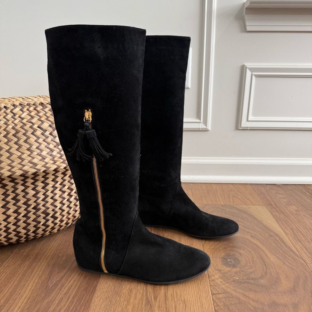 Stuart Weitzman Stuart Weitzman Boot Tass Hidden Wedge Black Suede Gold Zipp Size US 6.5 / IT 36.5 - 2 Thumbnail