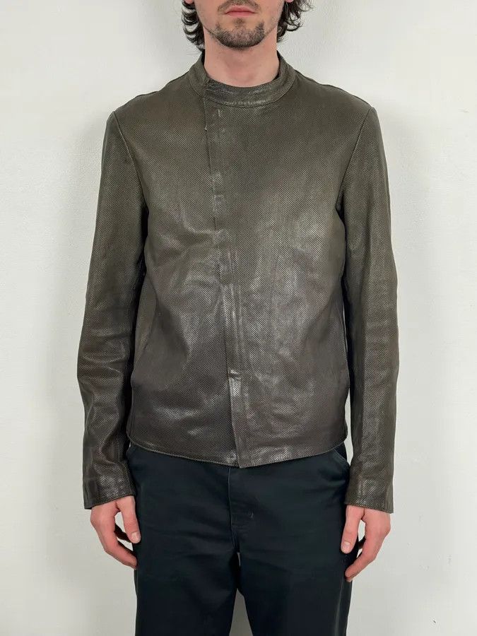 Emporio Armani SS2014 Emporio Armani Asymmetrical Zip Perfored Grey Leather Jacket Size US M / EU 48-50 / 2 - 2 Thumbnail