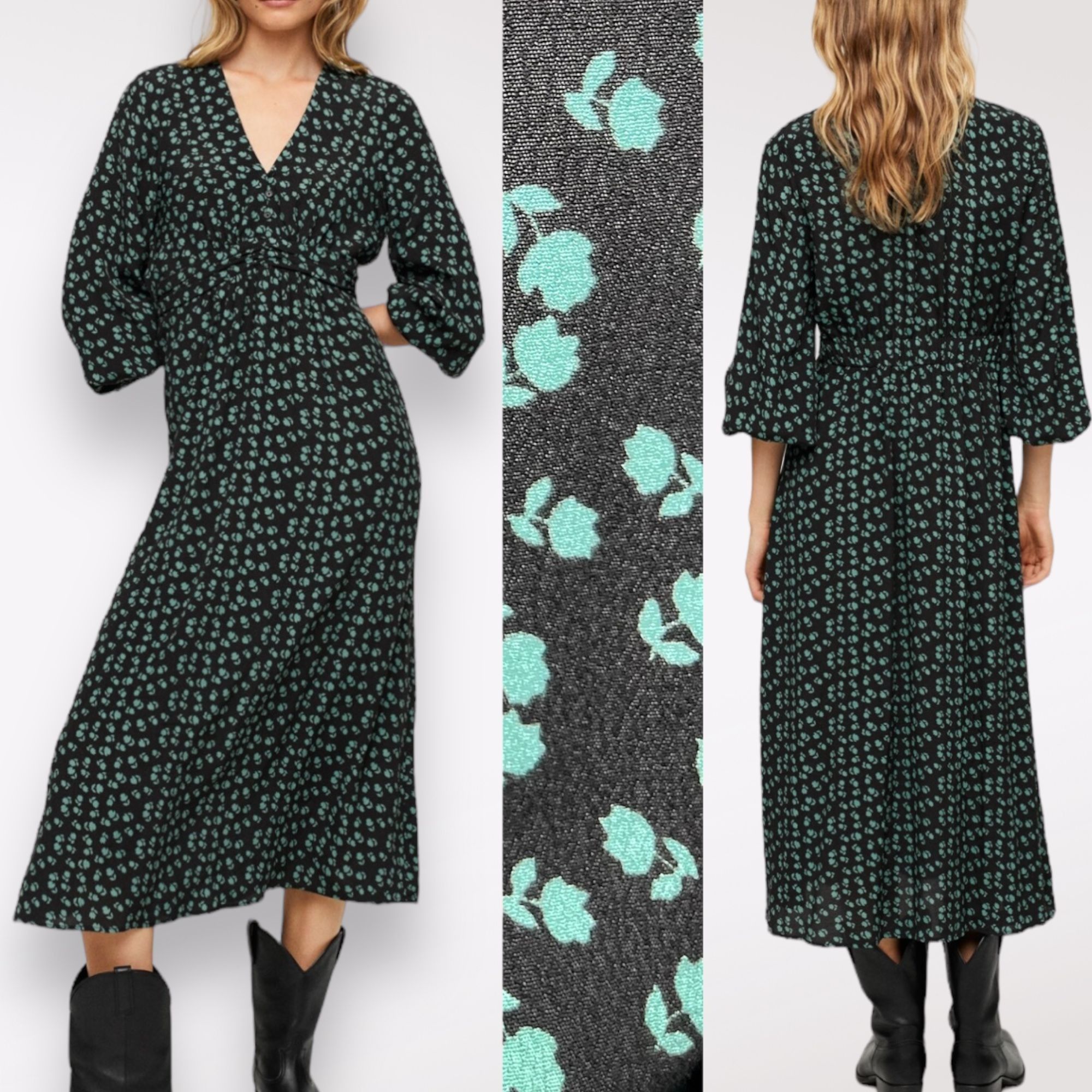 Mango MNG Mango Puff Sleeve Midi Dress V-Neck Floral Black Size Sm Size S / US 4 / IT 40 - 1 Thumbnail