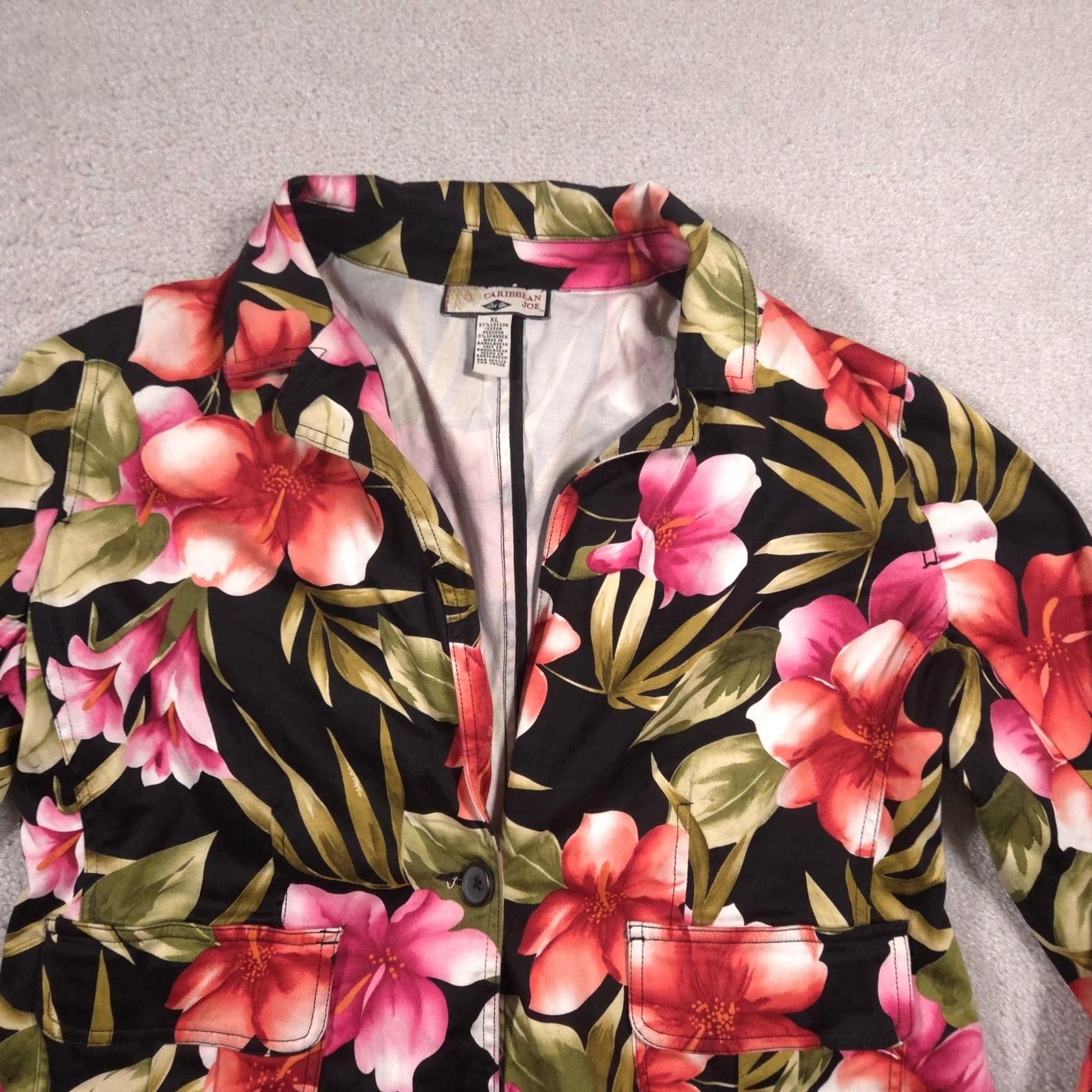 Vintage Caribbean Joe Jacket Womens XL Black Tropical Floral Print Button Front Casual Size XL / US 12-14 / IT 48-50 - 4 Thumbnail