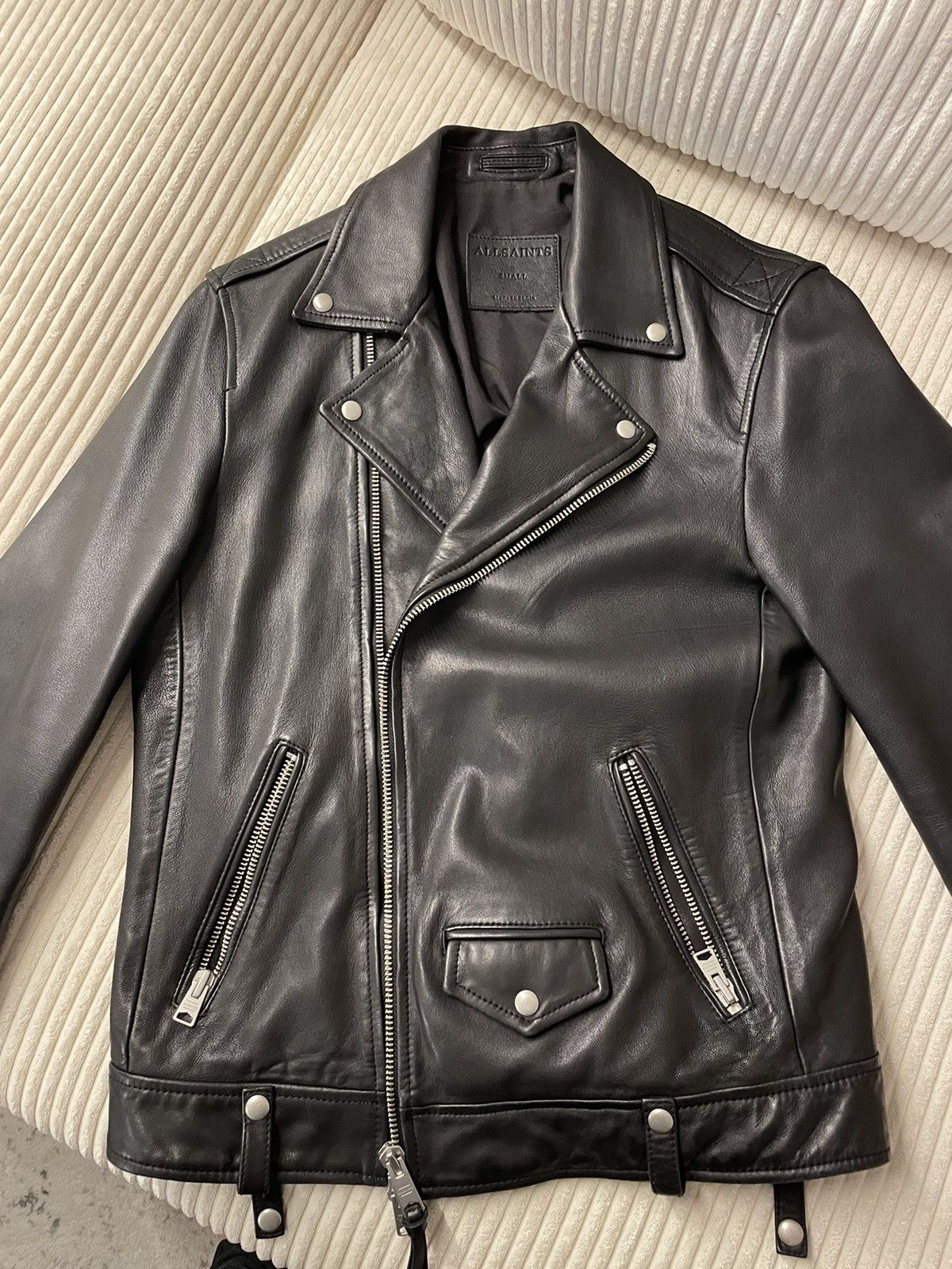 Image of Allsaints Milo Asymmetric Leather Biker Jacket in Black, Men's (Size Small)