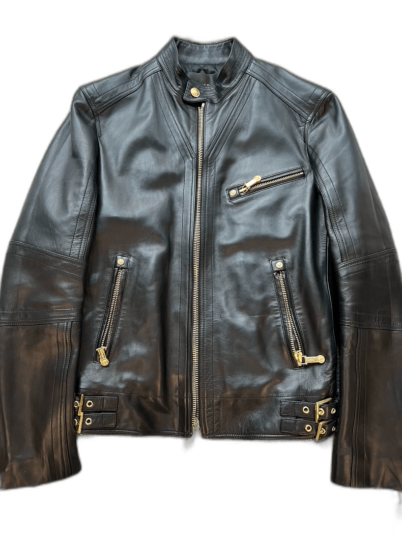 Versace VERSACE Black Gold Leather Moto Jacket - dmc Size S / US 4 / IT 40 - 1 Thumbnail