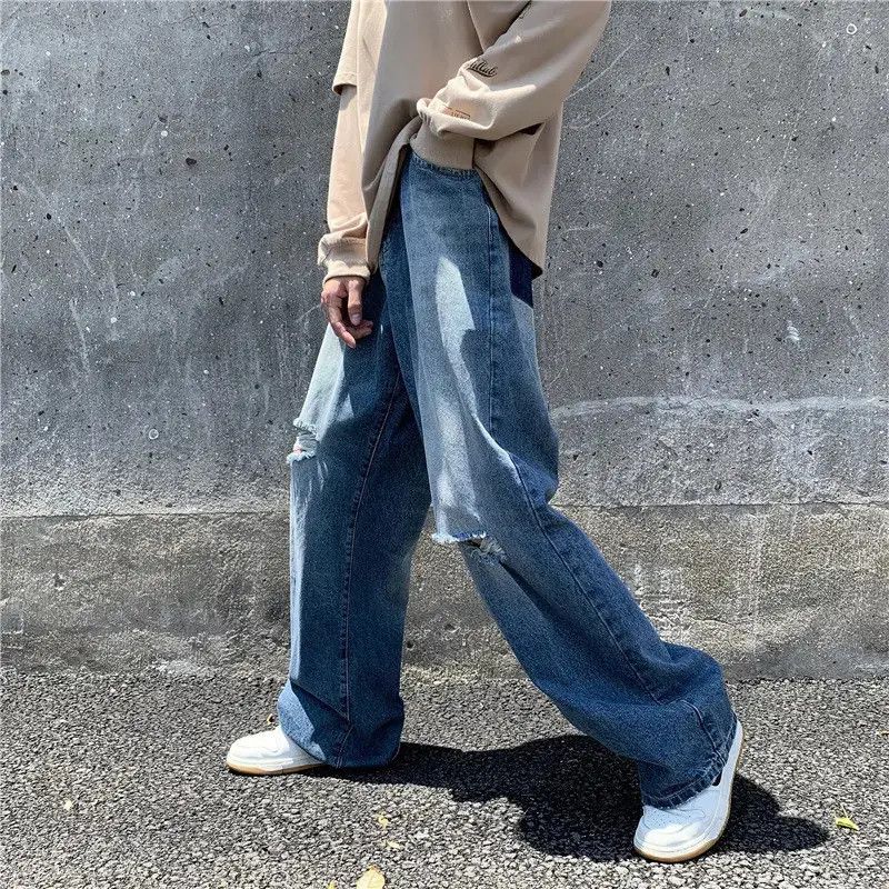 Retro wide leg hip-hop ripped jeans