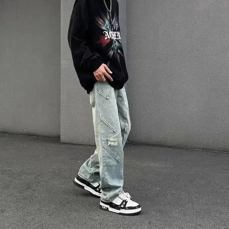 Japanese Brand Retro patchwork straight leg distressed jeans Size US 32 / EU 48 - 5 Thumbnail