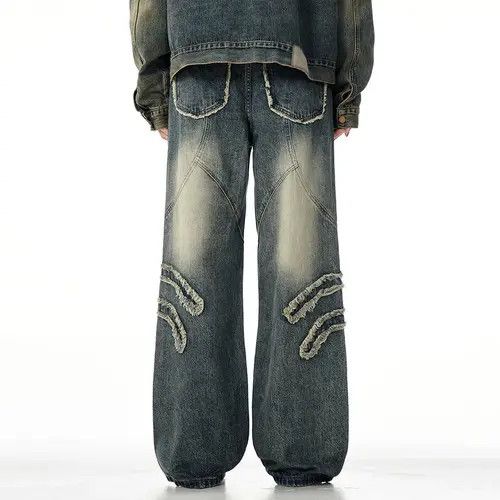 Jean Vintage Blue Graphic Splicing Baggy Jeans Size US 33 - 4 Thumbnail