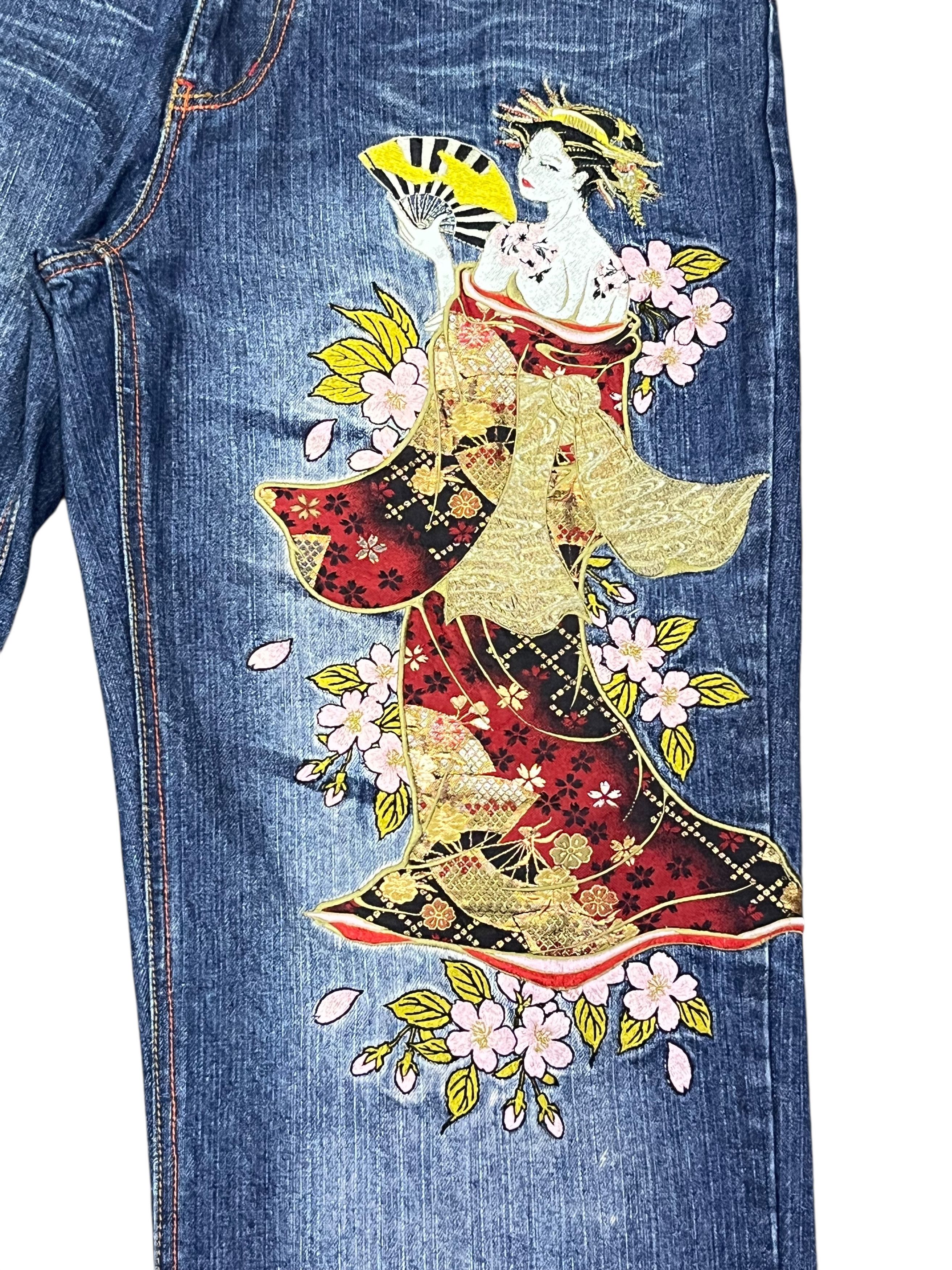Addict Clothes Japan GEISHA & SAKURA Big Embroidery Baggy Fit Karakuri Denim Jpn Size US 35 - 6 Thumbnail