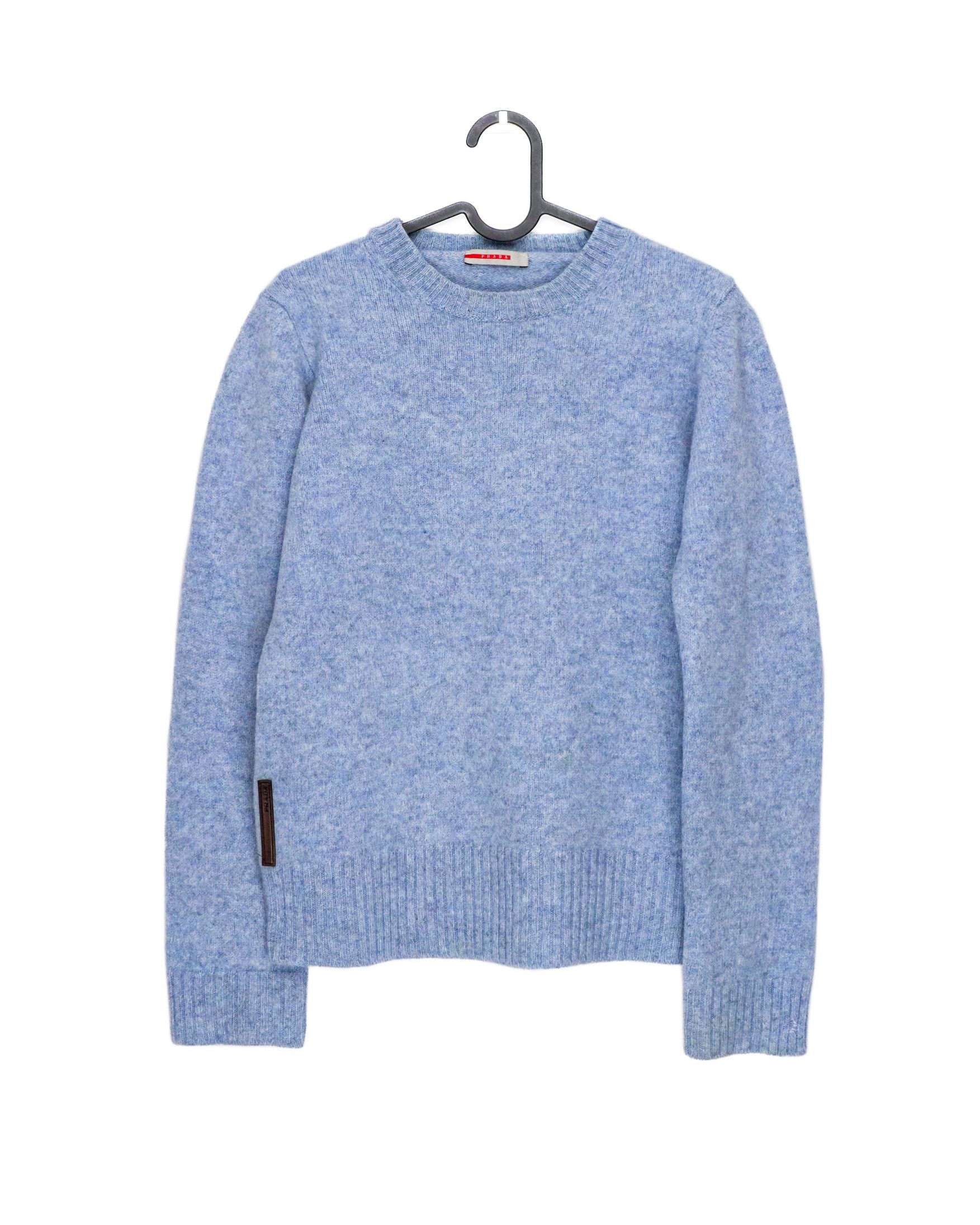 image of Prada Linea Rossa Black Tab Blue Wool Leather Crew Sweater, Men's (Size Small)