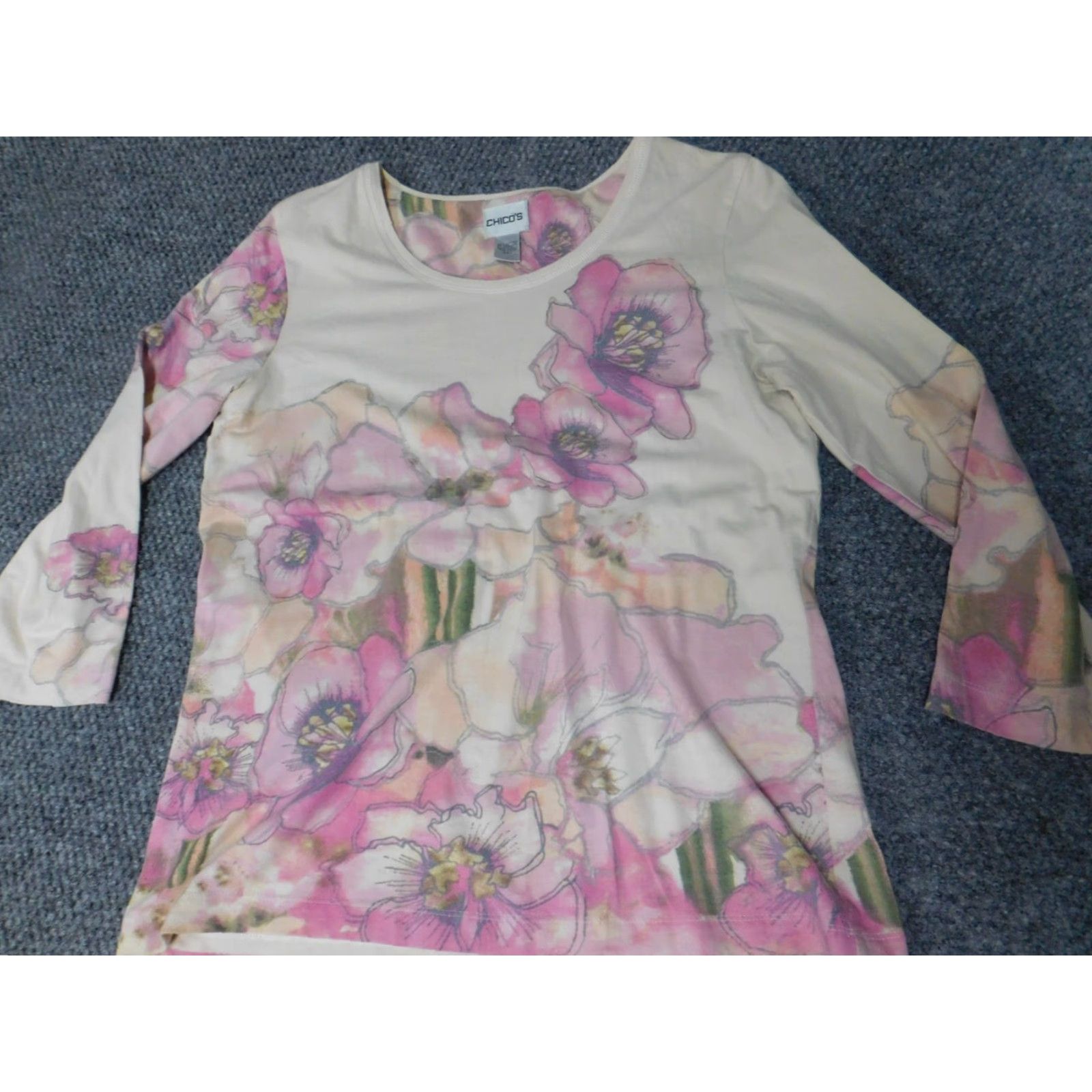 Vintage Chicos Blouse Shirt Beige Floral Crew Neck Long Sleeve Pullover Cotton Stretch Designer Womens Regular Size 1 Size XS / US 0-2 / IT 36-38 - 2 Thumbnail