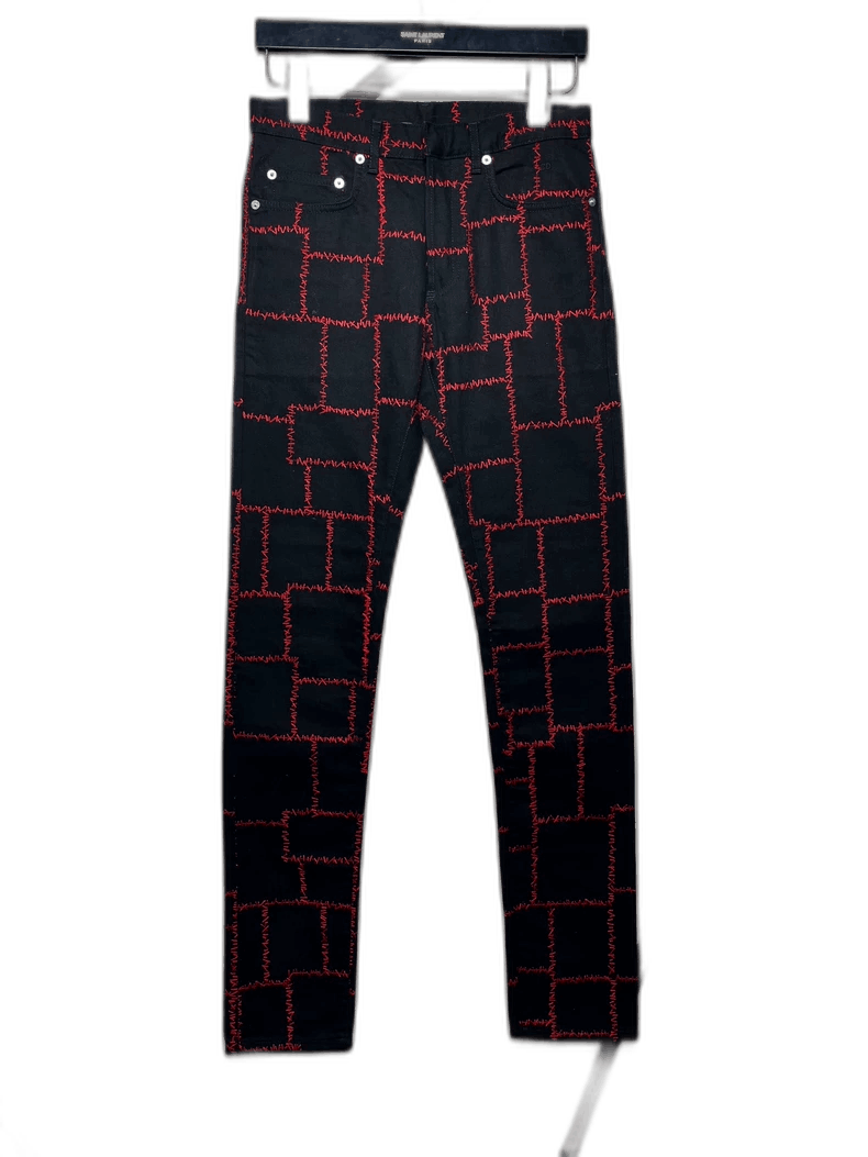 Dior Dior Homme Black Denim Pants with Red Embroidery-2506 Size US 28 / EU 44 - 1 Thumbnail
