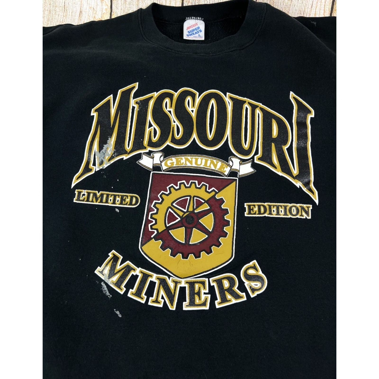 Jerzees VINTAGE Jerzees Sweatshirt Crewneck Black L Distressed Graphic Print Missouri Miners S&T Rolla 90s University Mens Size US L / EU 52-54 / 3 - 2 Thumbnail