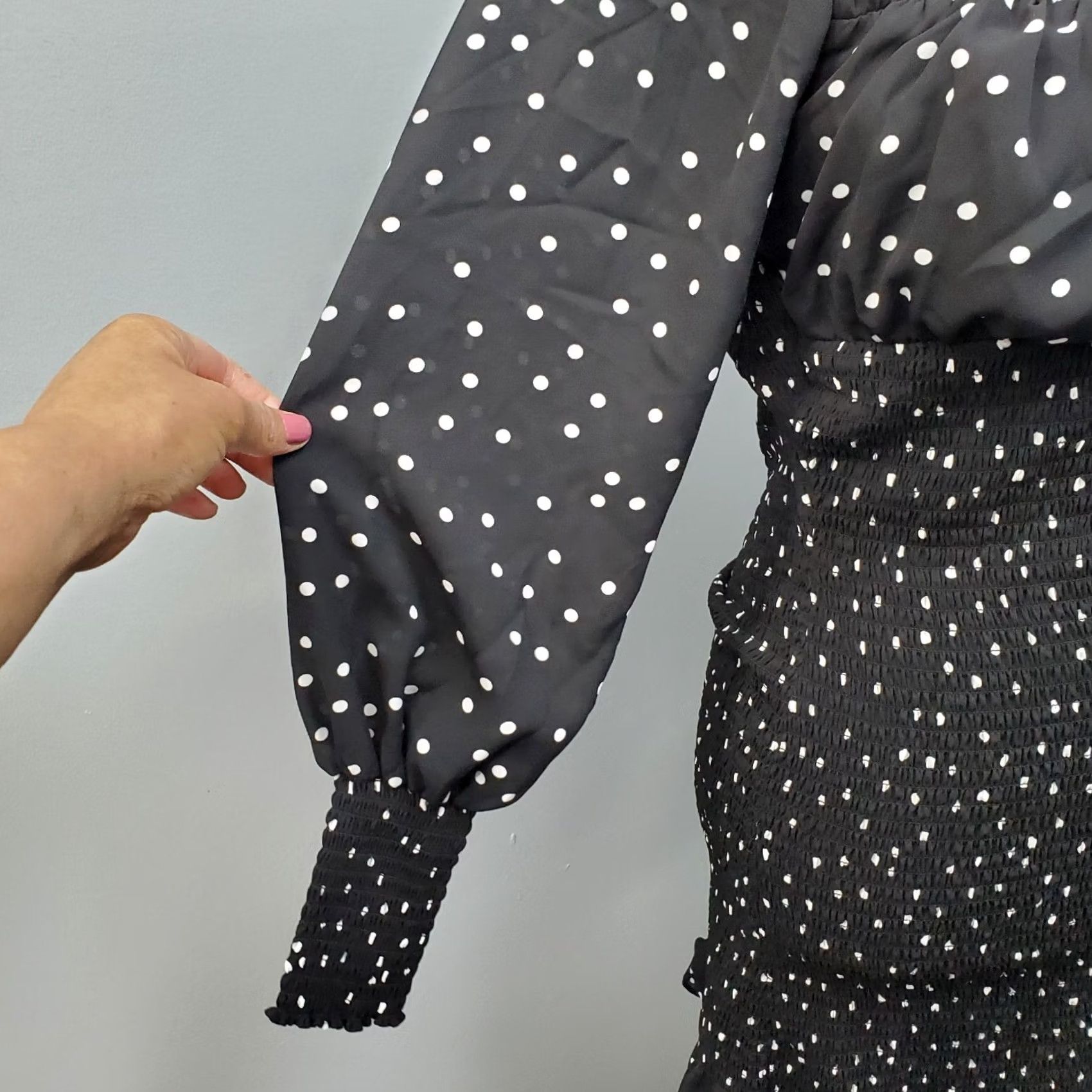 Vintage Row A Mini Dress Womens Small Black White Polka Dot Smocked Square Neck Tie Front Dress Size S / US 4 / IT 40 - 5 Thumbnail