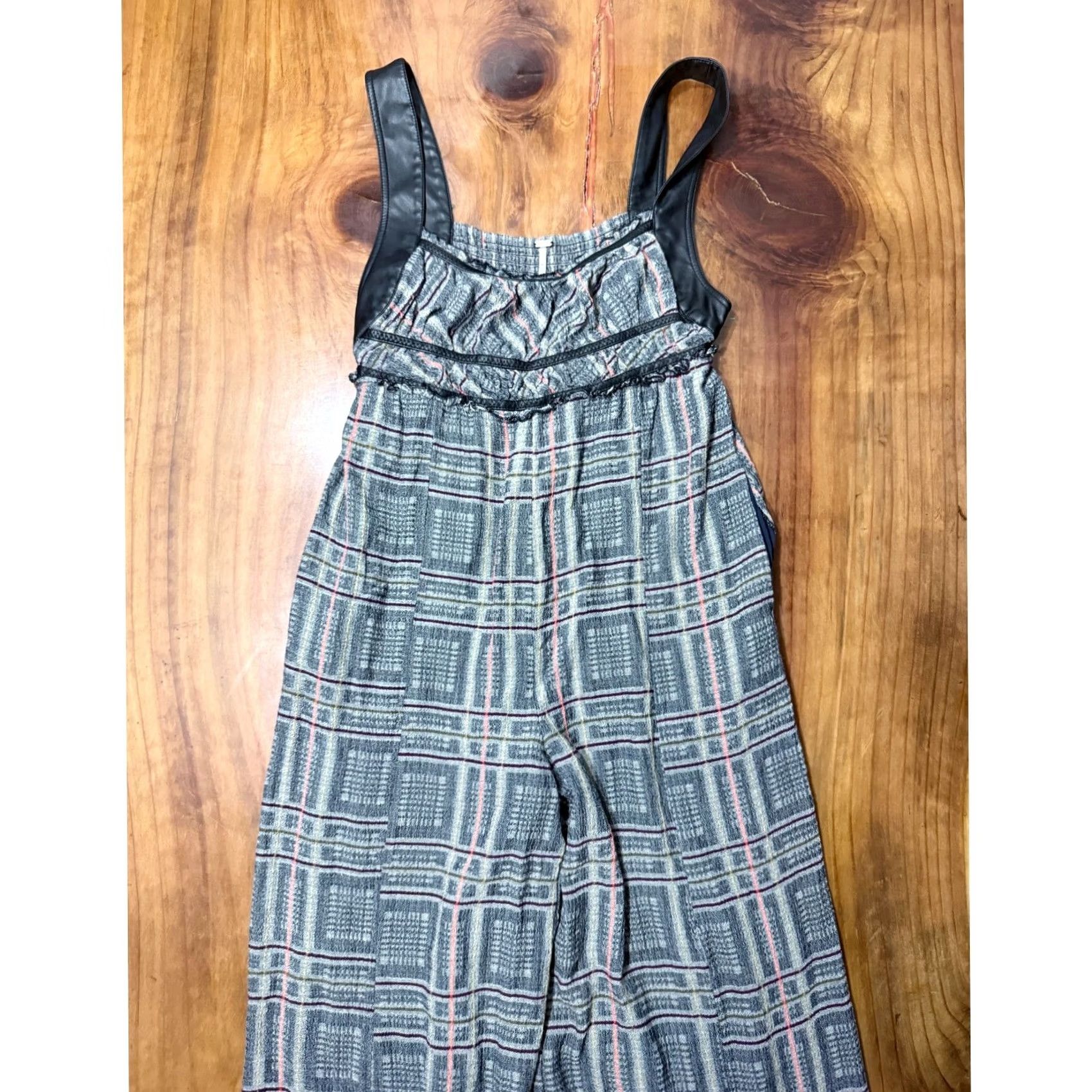 Free People Free People Jumpsuit Plaid Knit Viscose Wide-Leg Sleeveless Square Neck M Gray Bohemian Casual Activewear Womens Size 32" / US 10 / IT 46 - 2 Thumbnail
